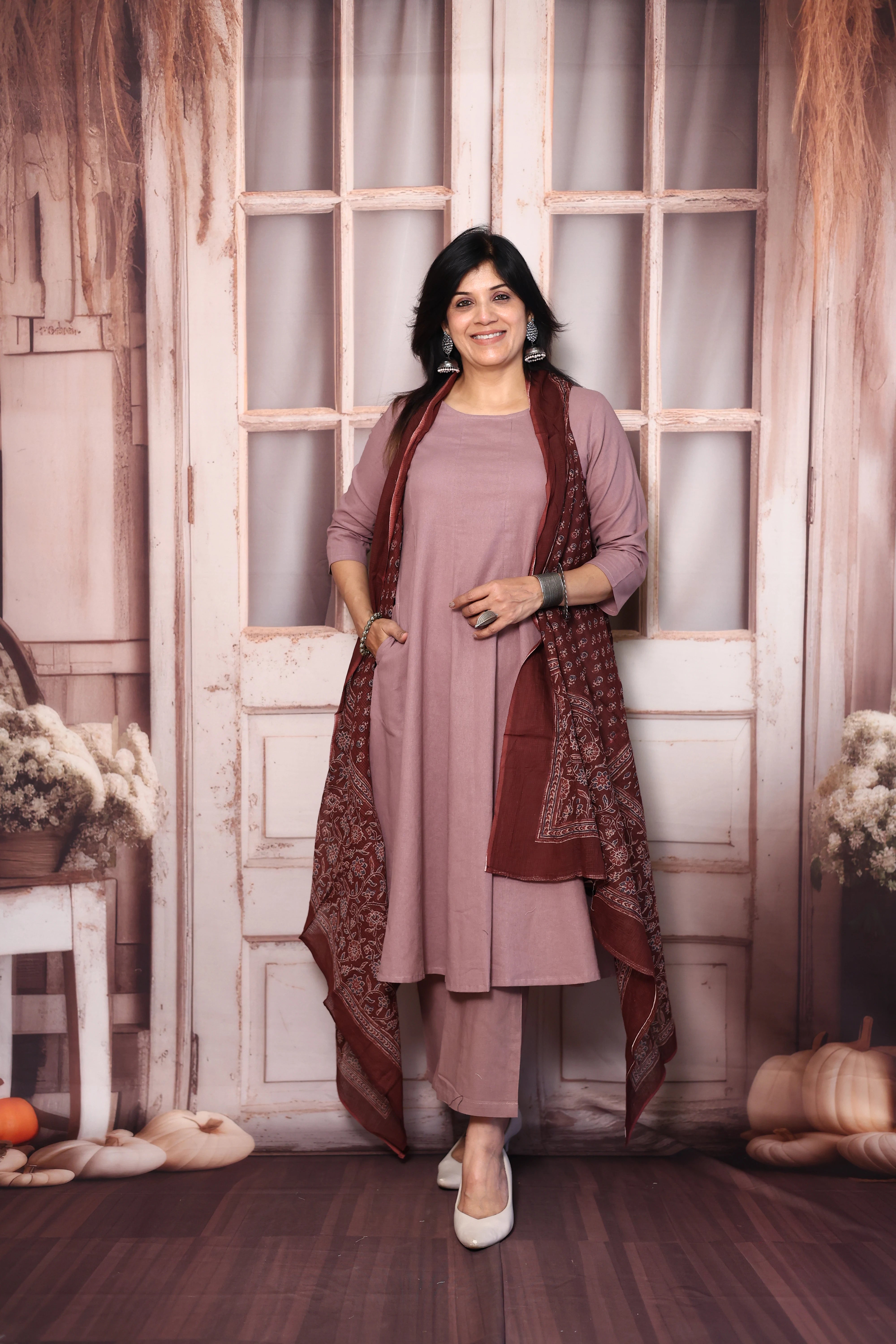 Dusty Pink A-Line Kurta Pant Set with Printed Sleeveless Shrug | Elegant Layered Ethnic Wear