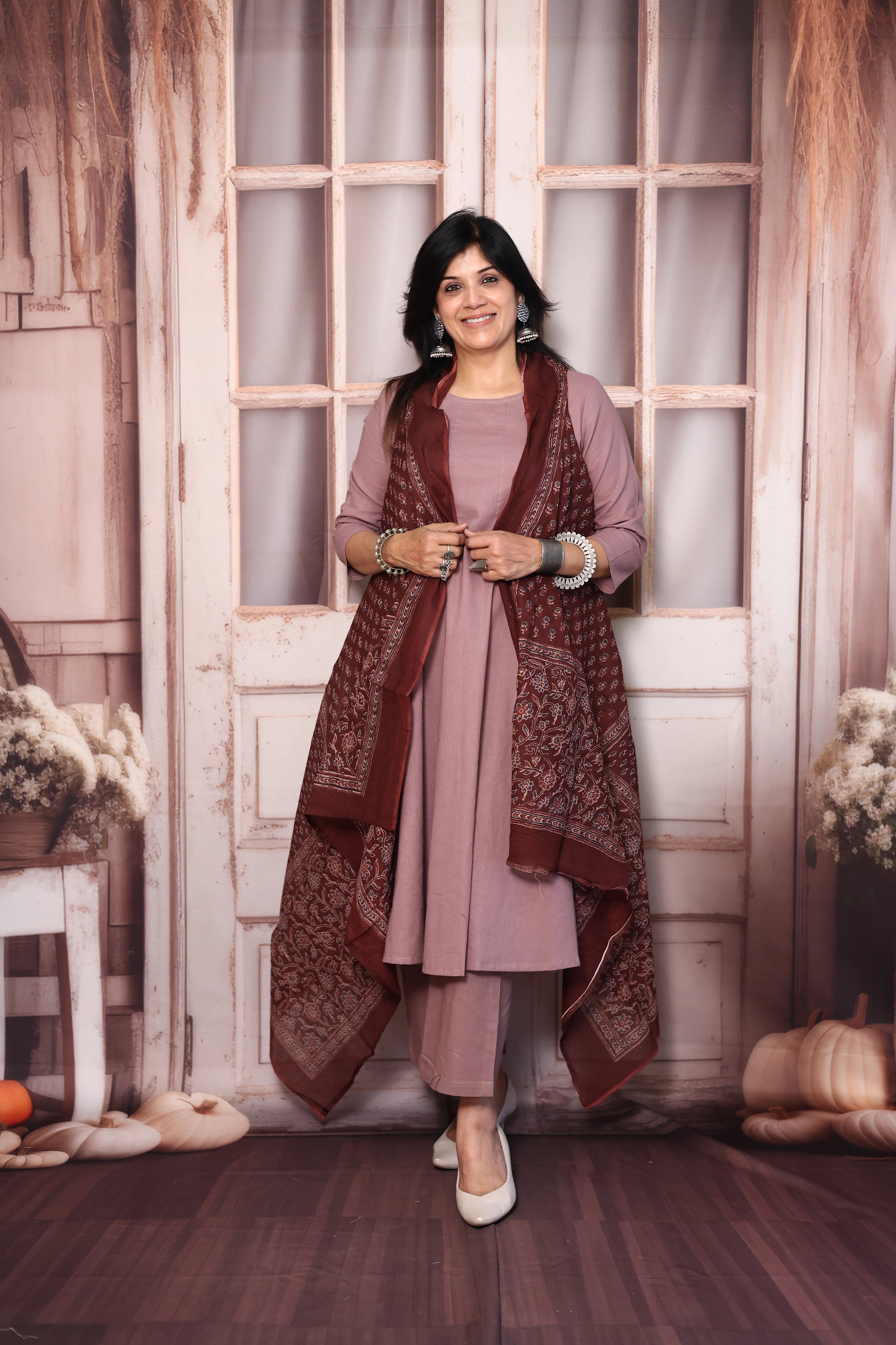 Dusty Pink A-Line Kurta Pant Set with Printed Sleeveless Shrug | Elegant Layered Ethnic Wear