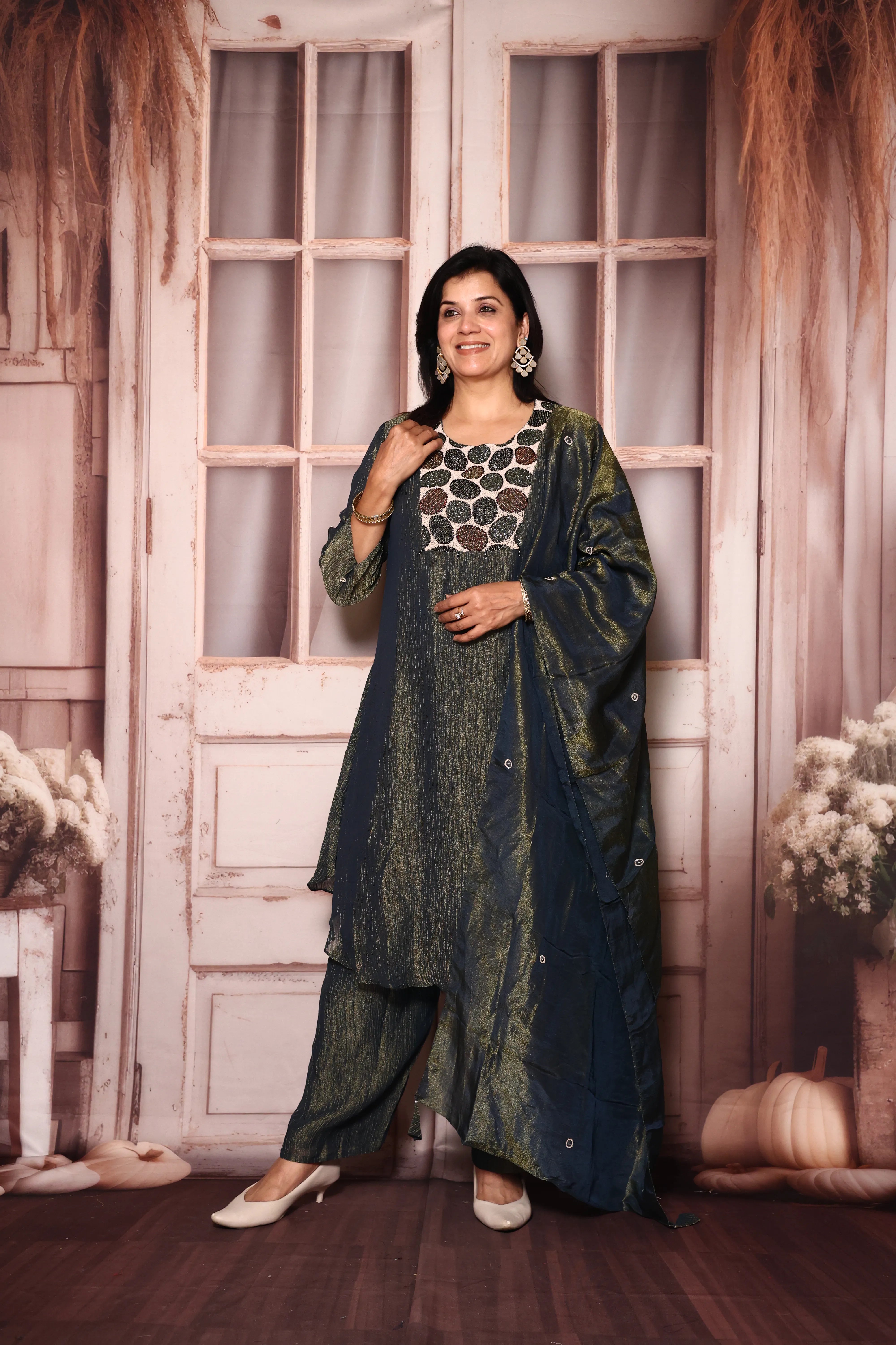 Blue Yoke Pearl Embroidery A-Line Kurta Pant with Dupatta Set | Pure Tissue Crush Fabric
