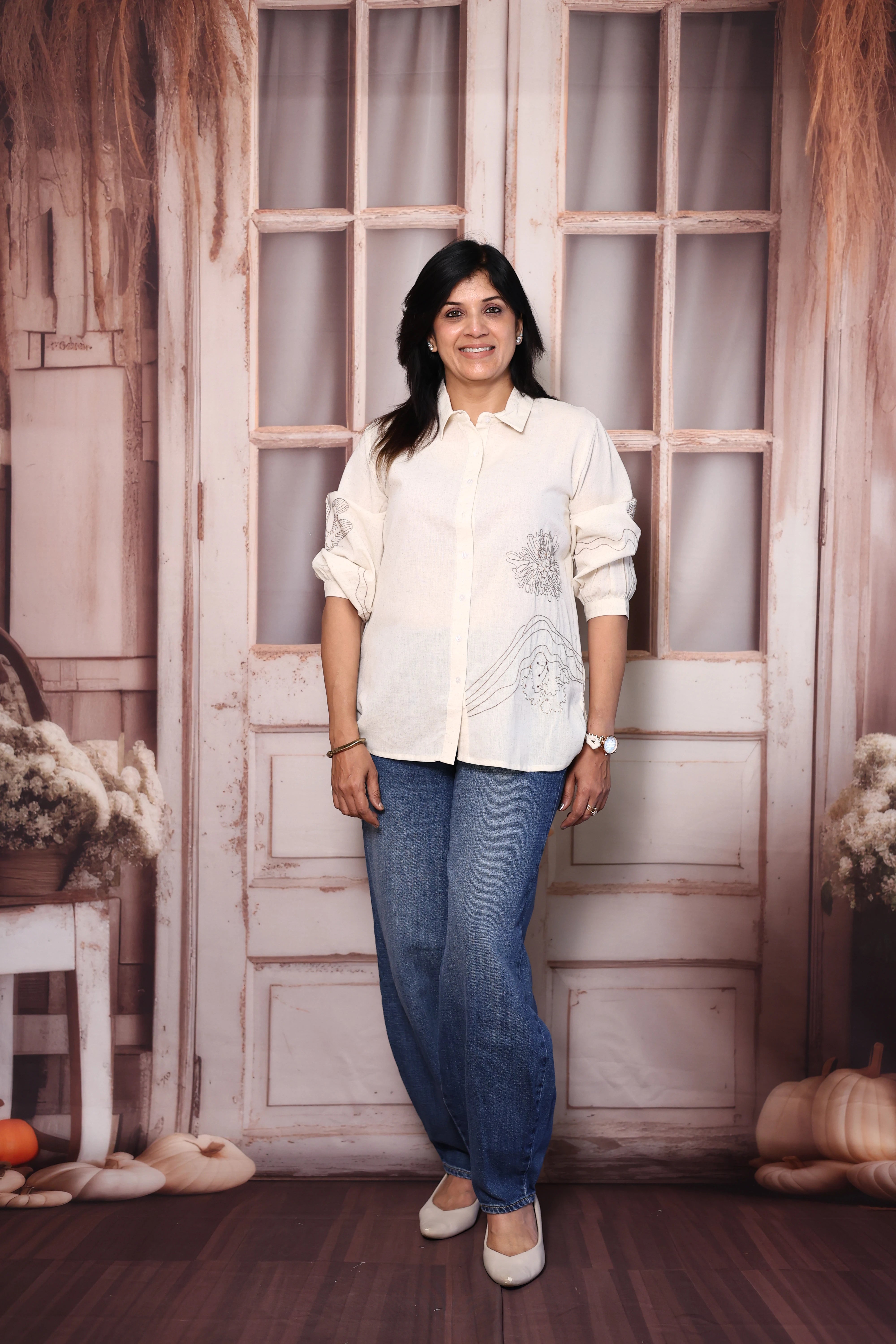 Off White Thread Embroidered Cotton Flex Collared Shirt Tunic | Elegant Everyday Wear