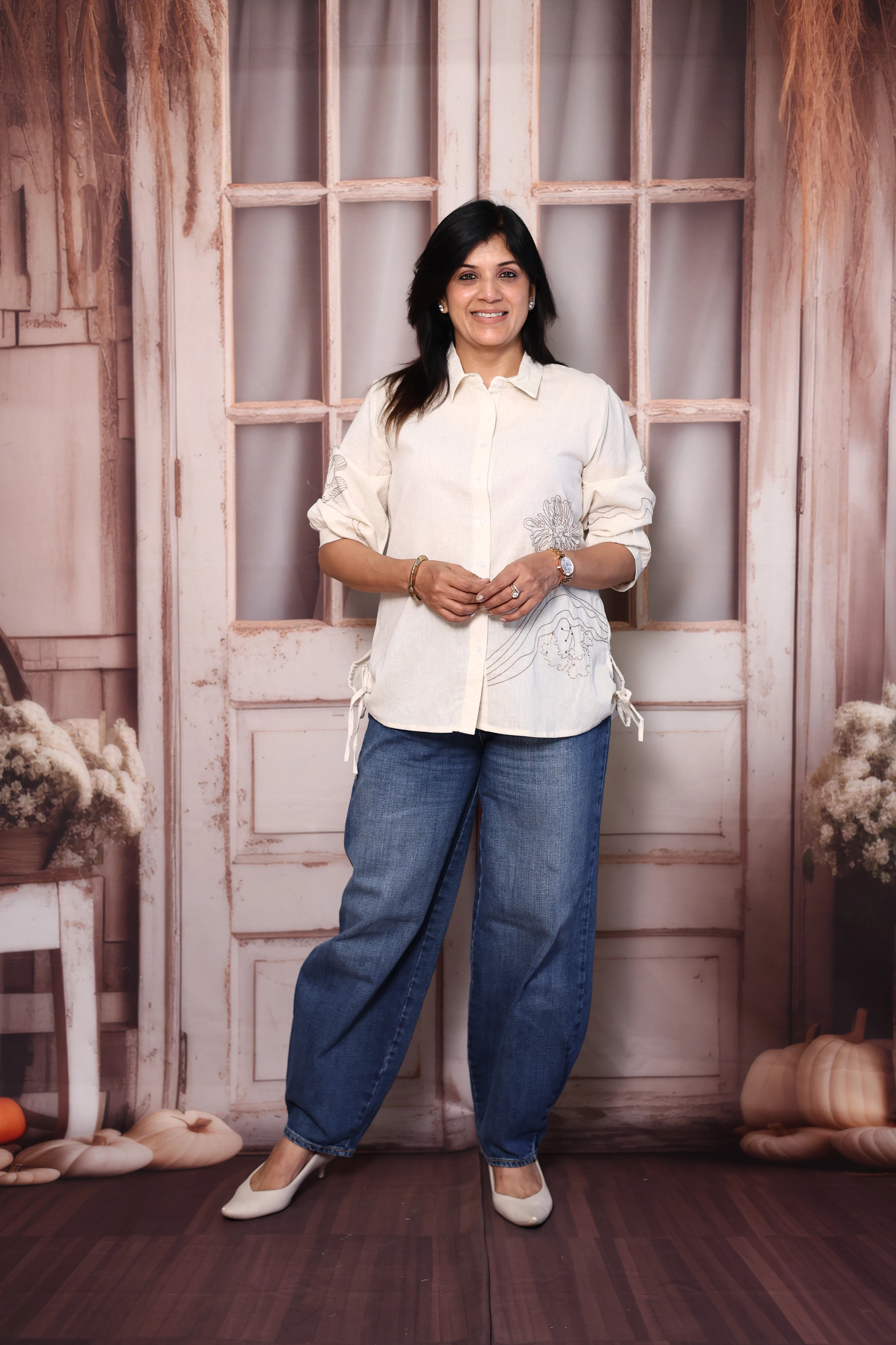 Off White Thread Embroidered Cotton Flex Collared Shirt Tunic | Elegant Everyday Wear