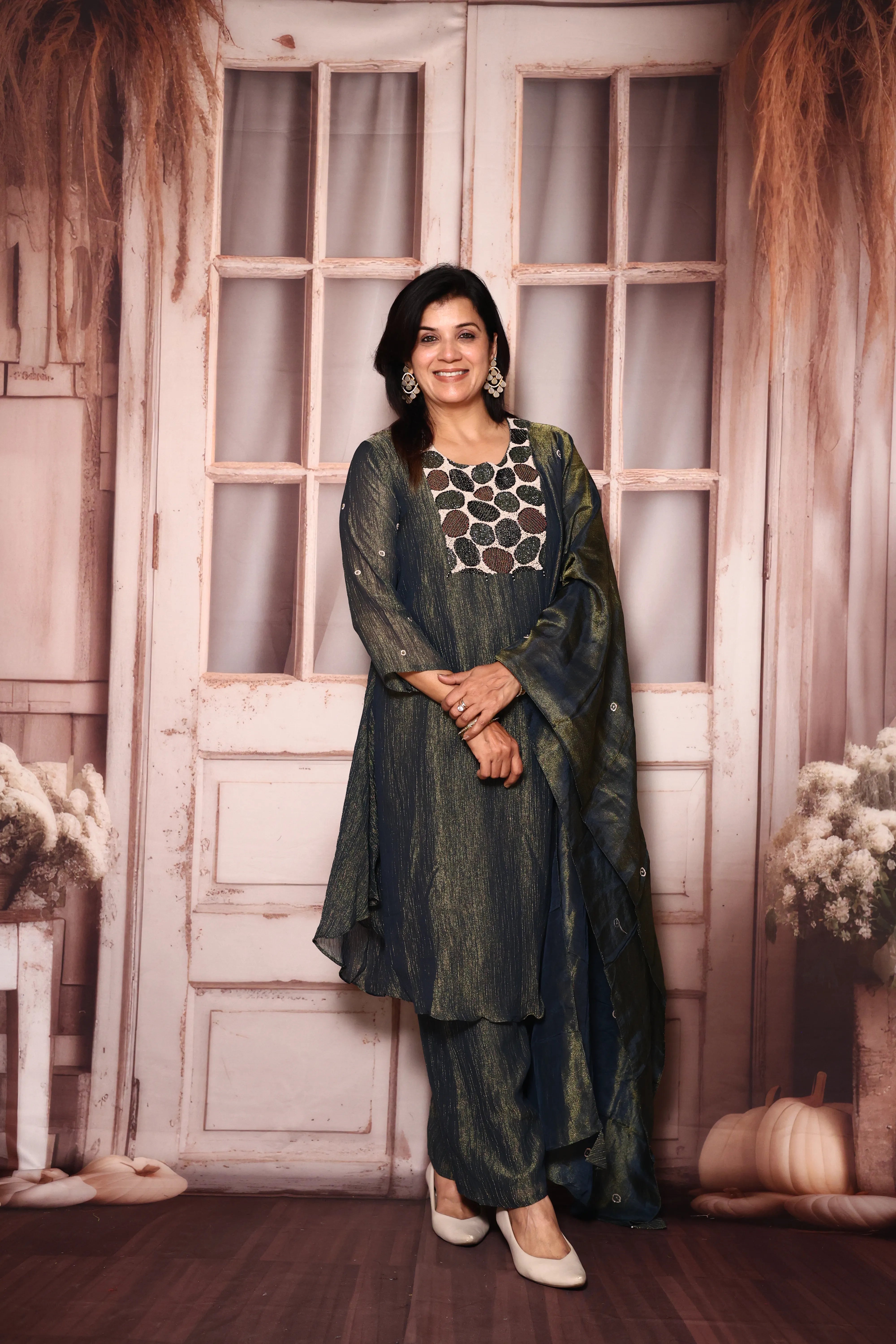 Blue Yoke Pearl Embroidery A-Line Kurta Pant with Dupatta Set | Pure Tissue Crush Fabric