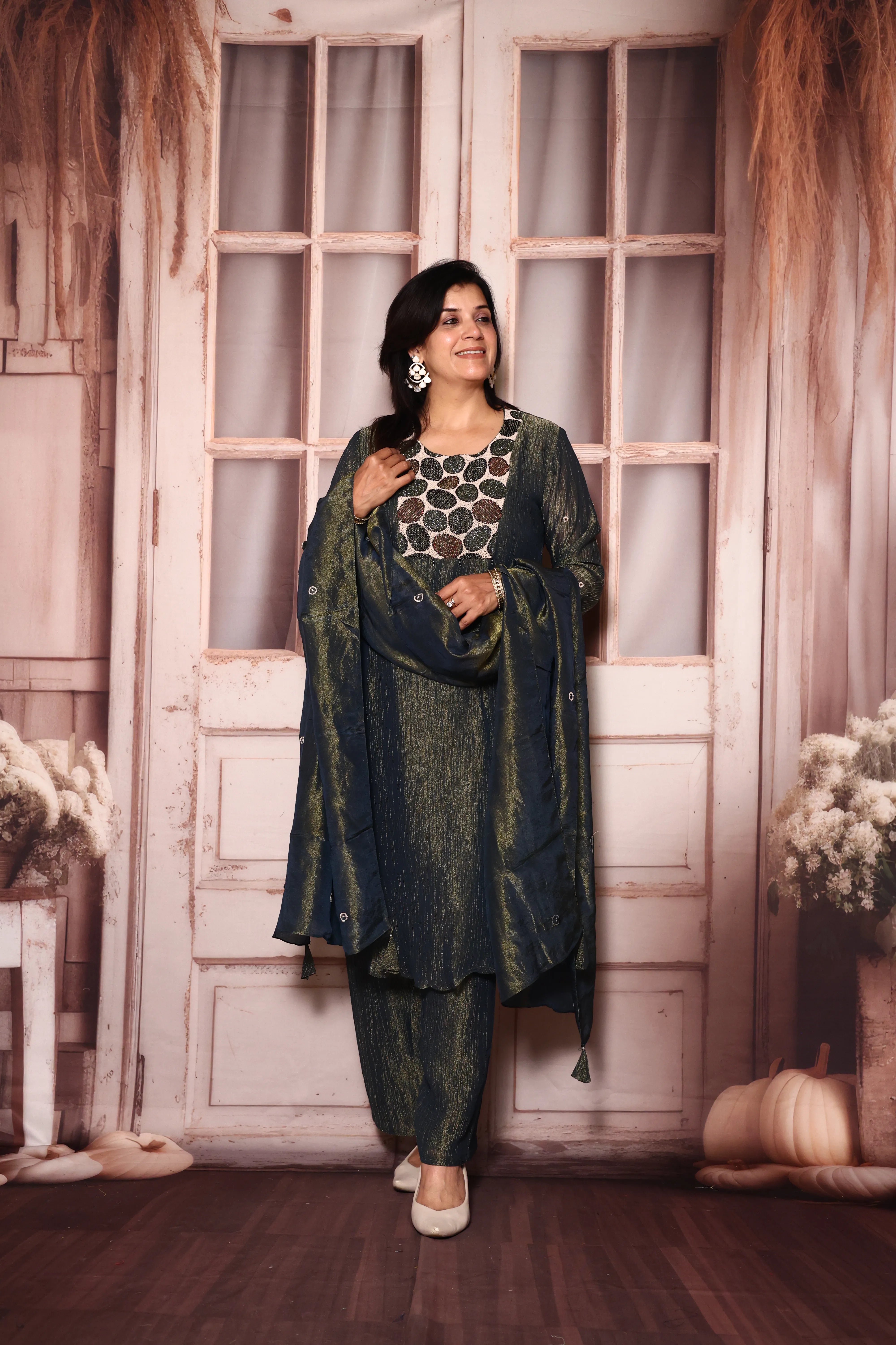 Blue Yoke Pearl Embroidery A-Line Kurta Pant with Dupatta Set | Pure Tissue Crush Fabric