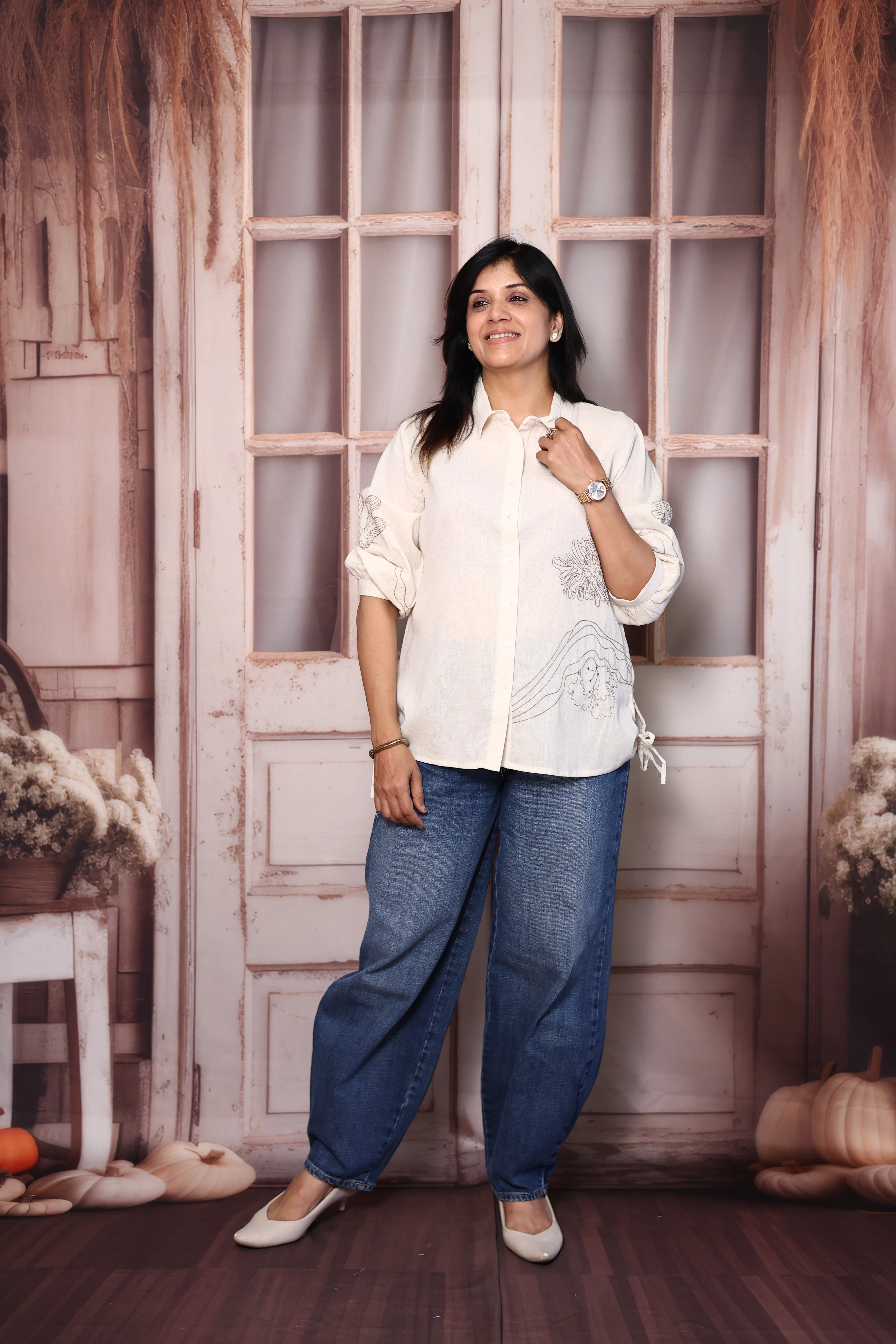 Off White Thread Embroidered Cotton Flex Collared Shirt Tunic | Elegant Everyday Wear