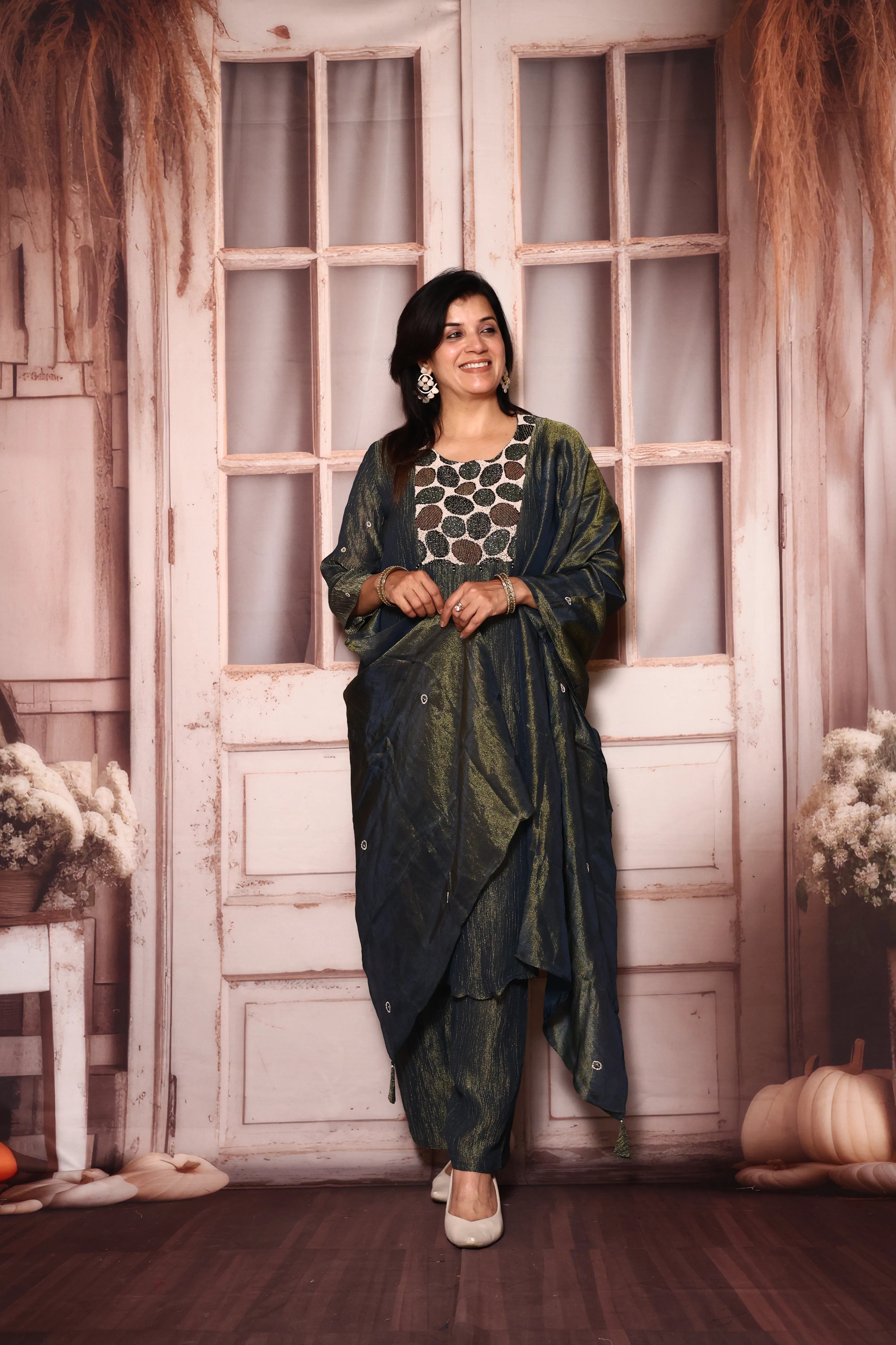 Blue Yoke Pearl Embroidery A-Line Kurta Pant with Dupatta Set | Pure Tissue Crush Fabric