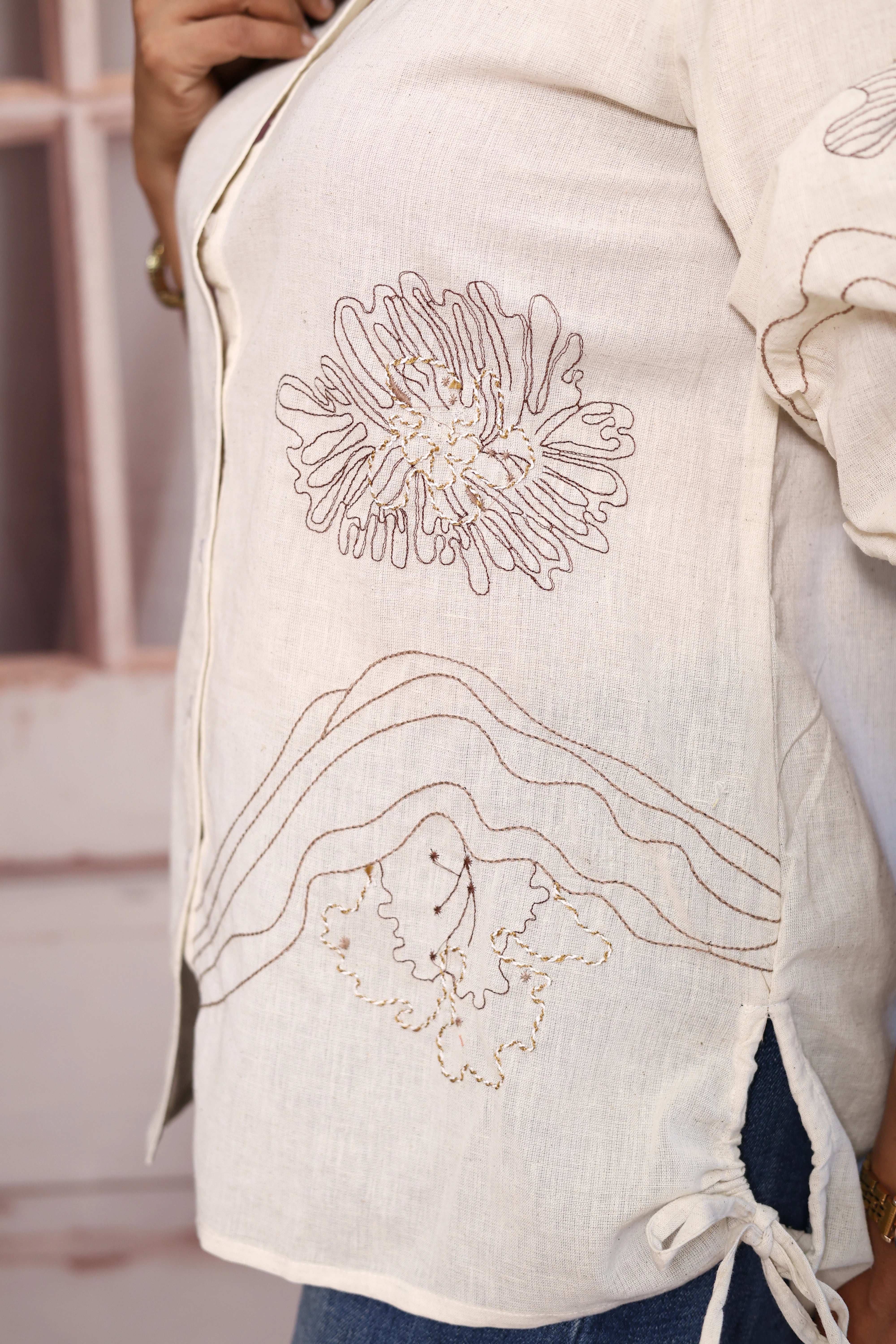 Off White Thread Embroidered Cotton Flex Collared Shirt Tunic | Elegant Everyday Wear