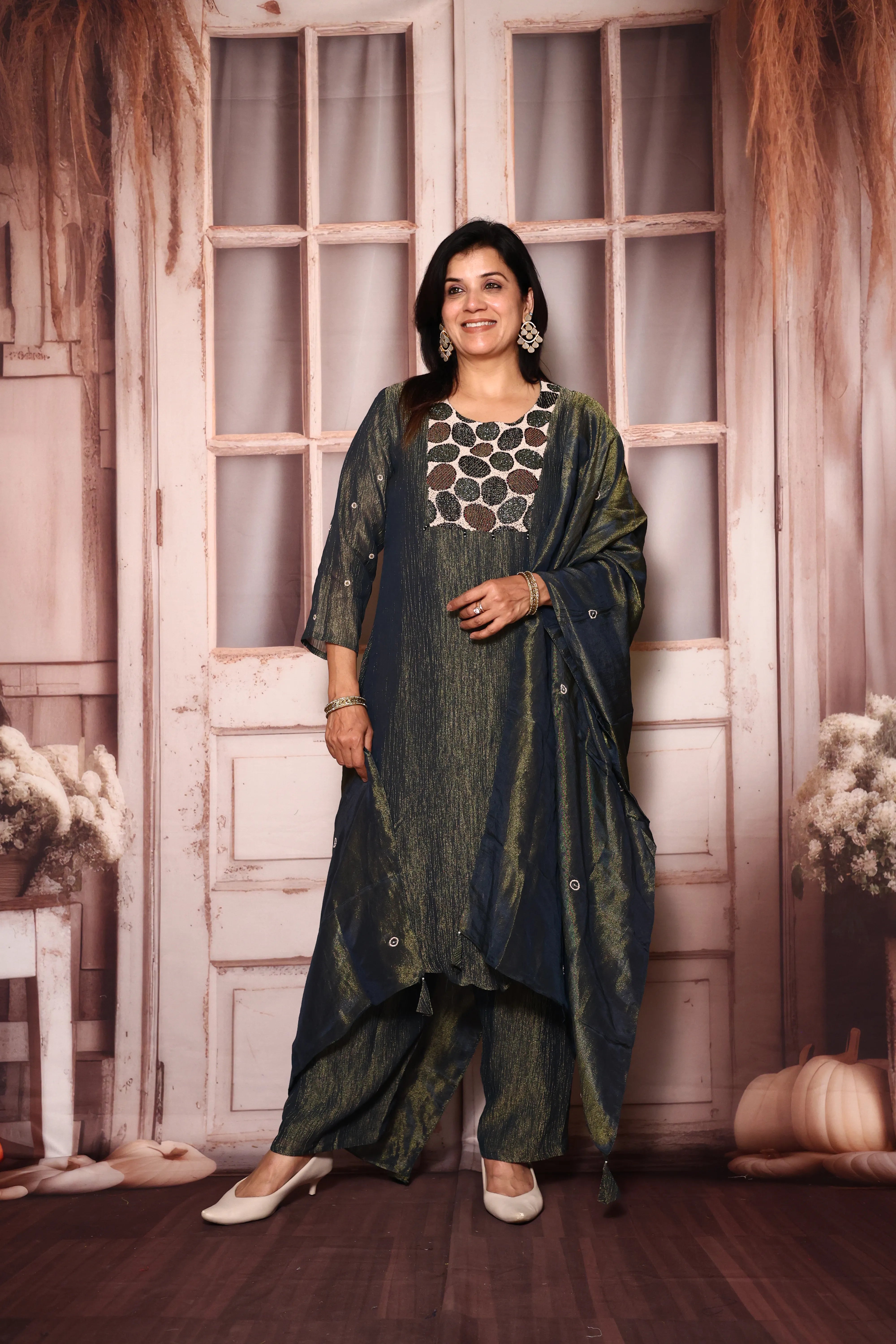 Blue Yoke Pearl Embroidery A-Line Kurta Pant with Dupatta Set | Pure Tissue Crush Fabric