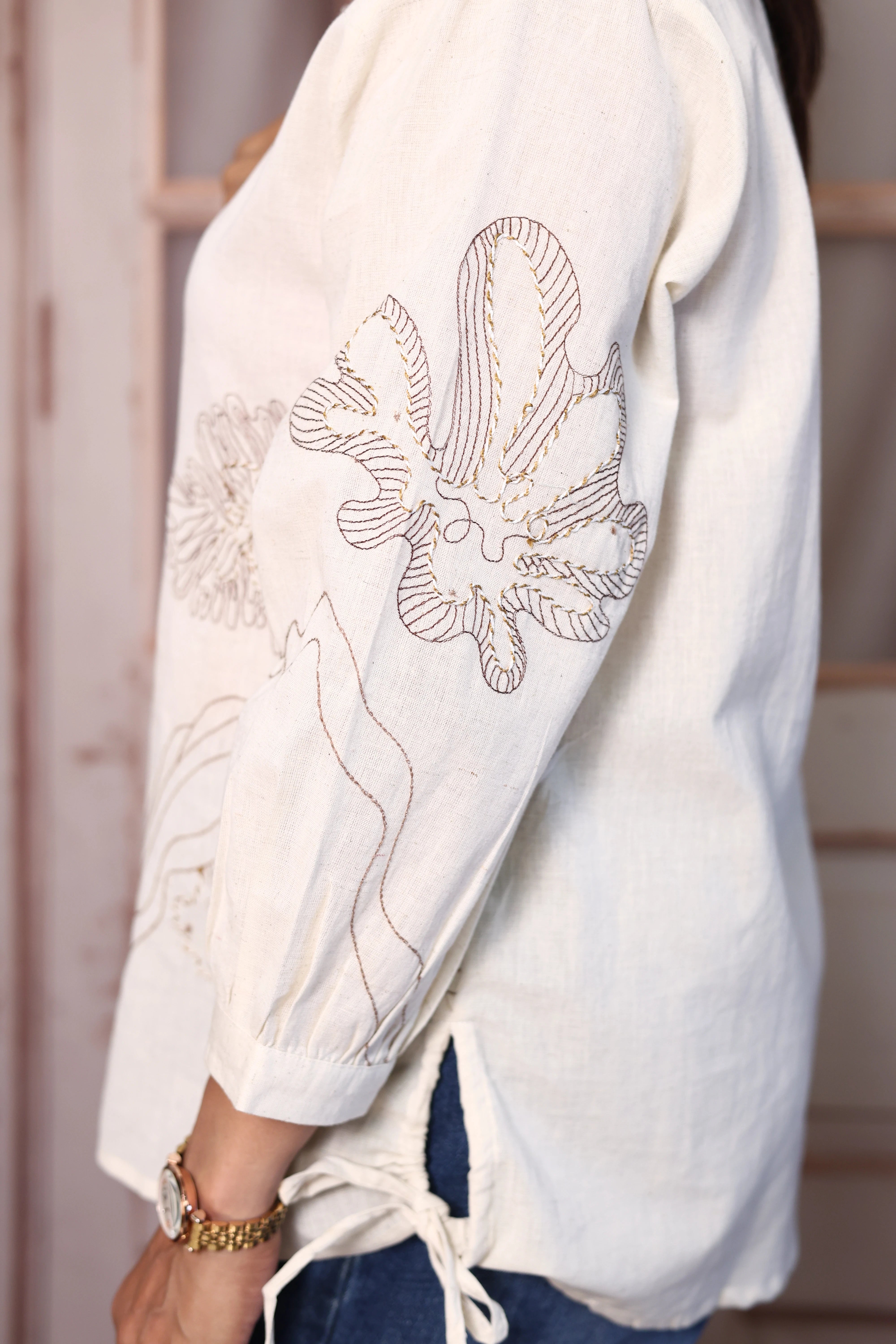 Off White Thread Embroidered Cotton Flex Collared Shirt Tunic | Elegant Everyday Wear