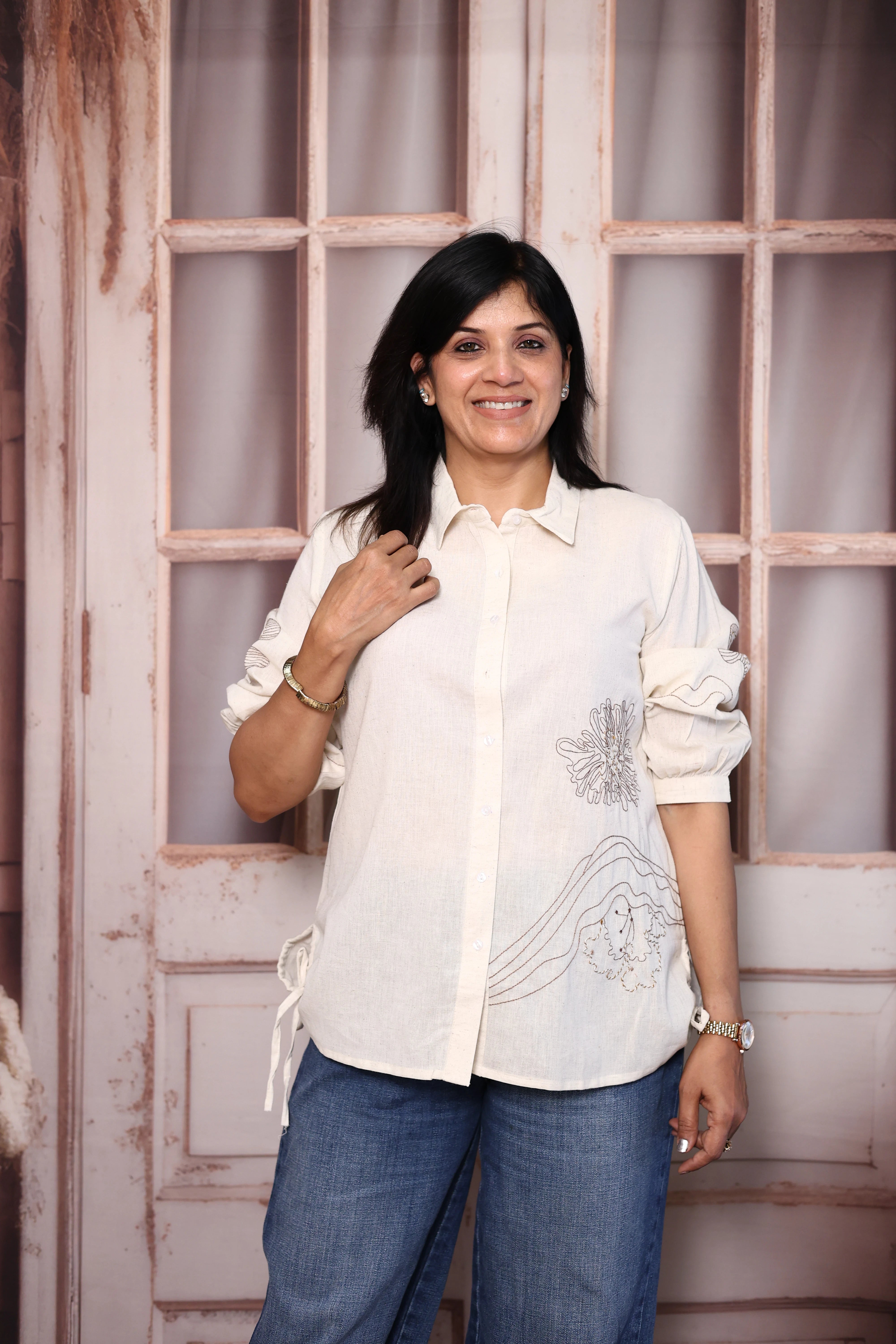 Off White Thread Embroidered Cotton Flex Collared Shirt Tunic | Elegant Everyday Wear