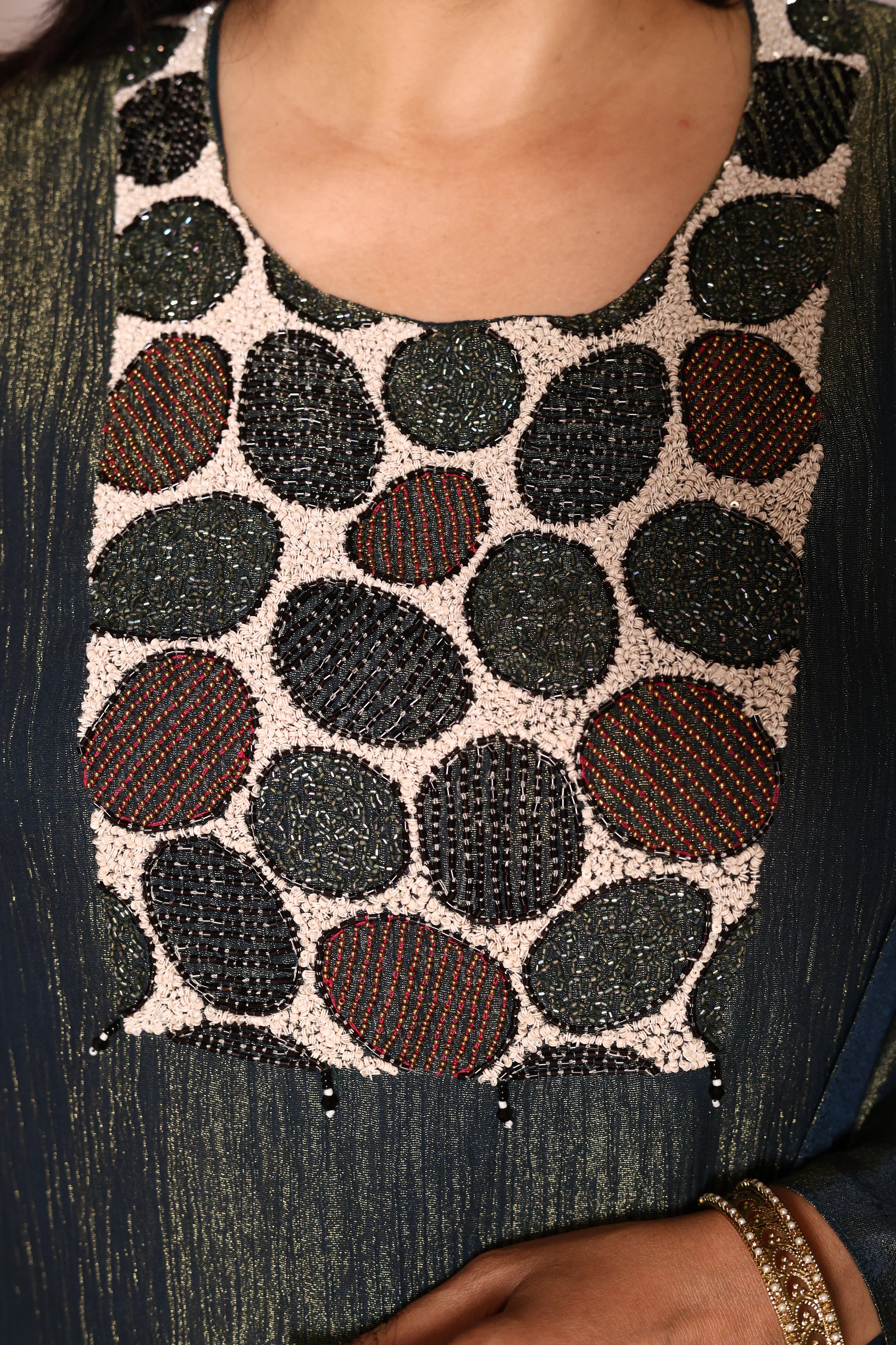 Blue Yoke Pearl Embroidery A-Line Kurta Pant with Dupatta Set | Pure Tissue Crush Fabric