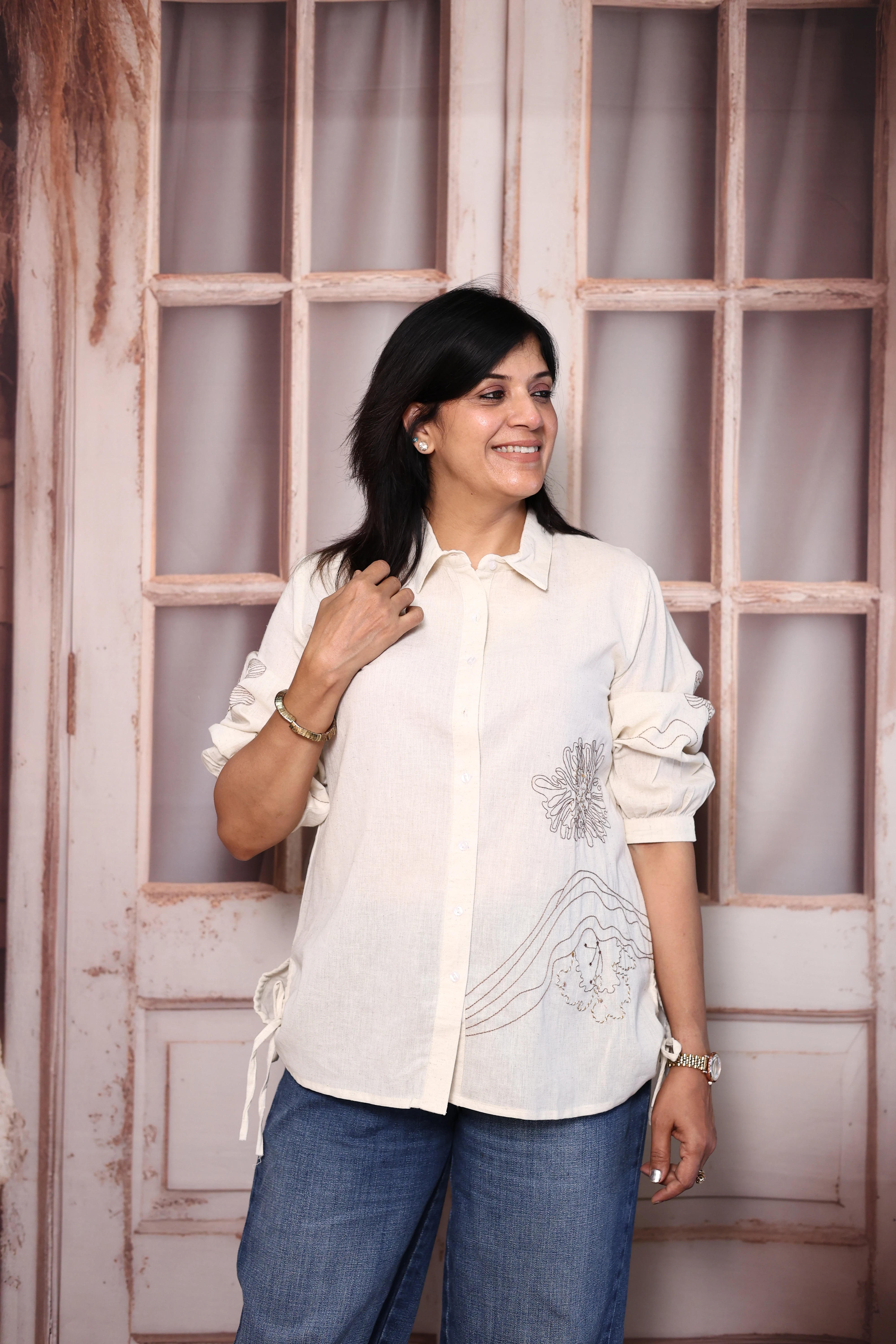 Off White Thread Embroidered Cotton Flex Collared Shirt Tunic | Elegant Everyday Wear