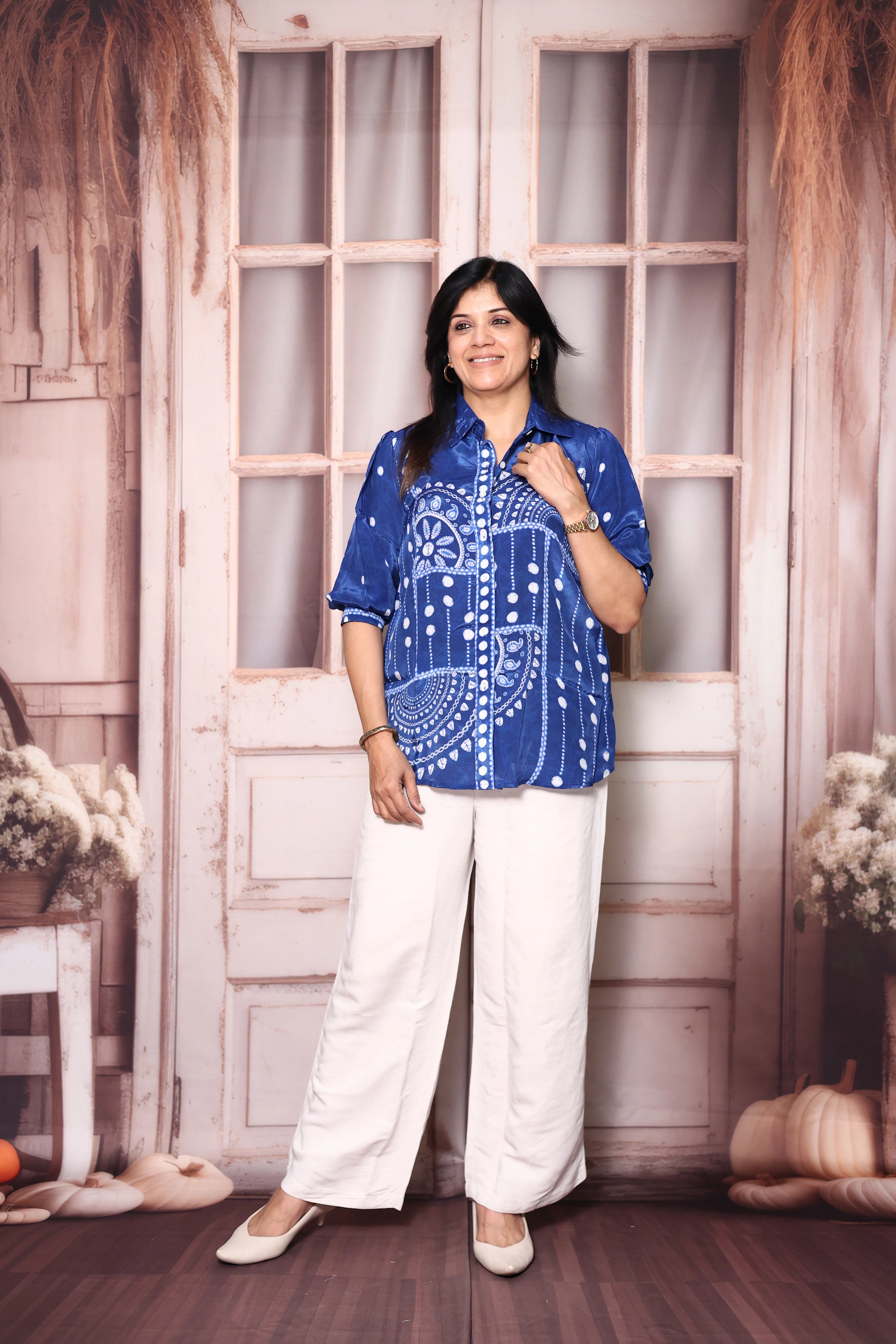 Lapis Blue Printed Pure Crepe Collared Shirt Tunic | Elegant Indo-Western Wear