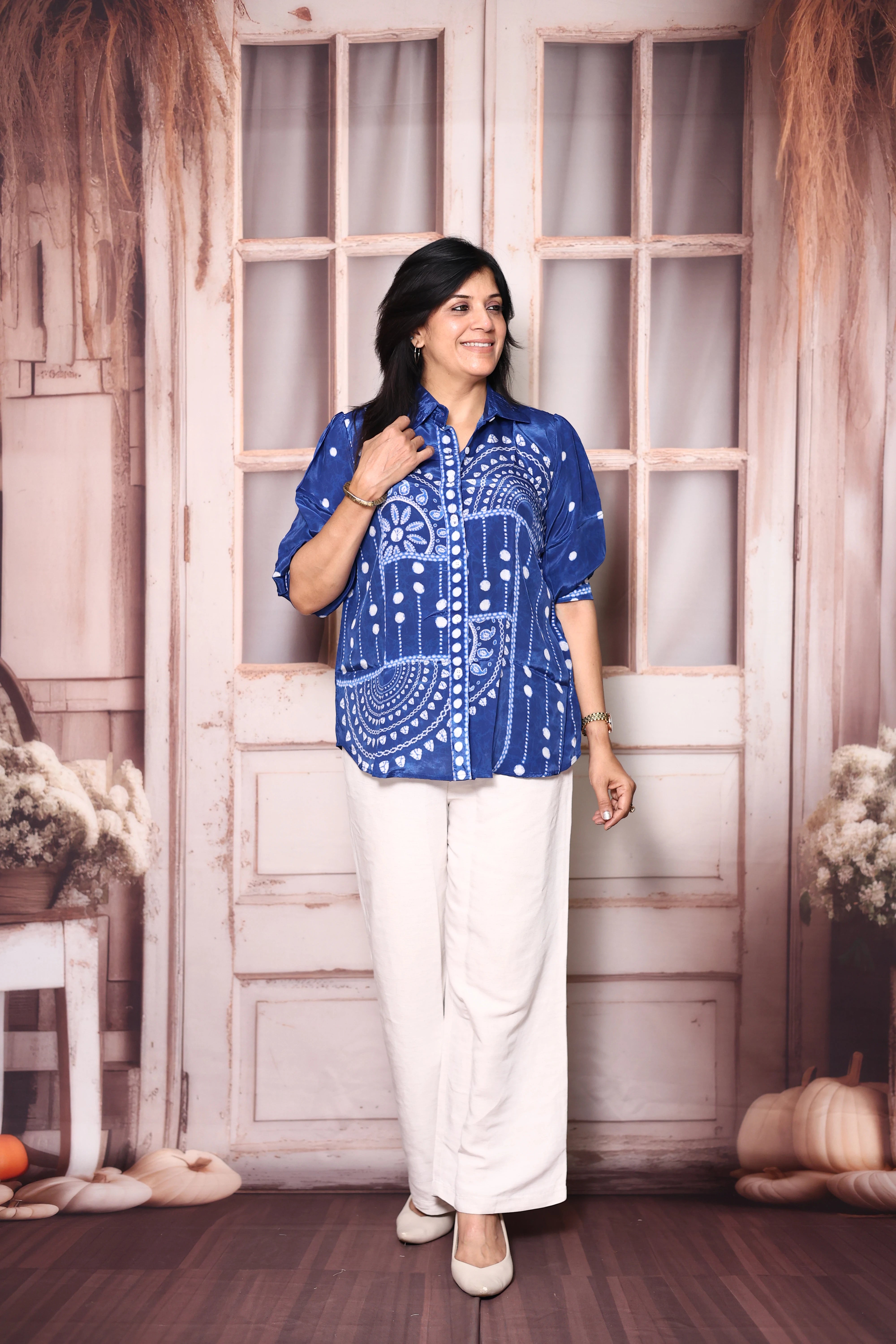 Lapis Blue Printed Pure Crepe Collared Shirt Tunic | Elegant Indo-Western Wear