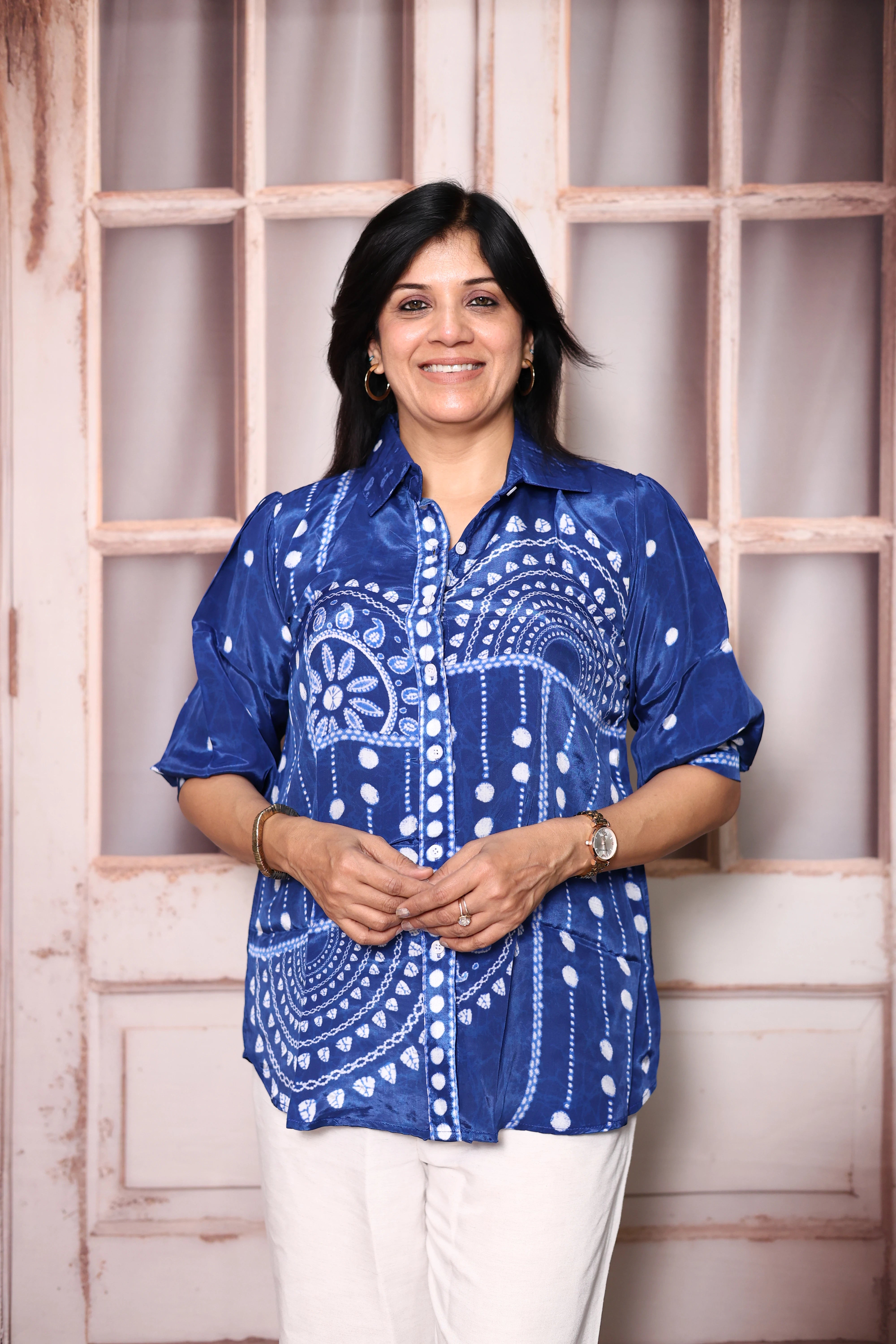 Lapis Blue Printed Pure Crepe Collared Shirt Tunic | Elegant Indo-Western Wear