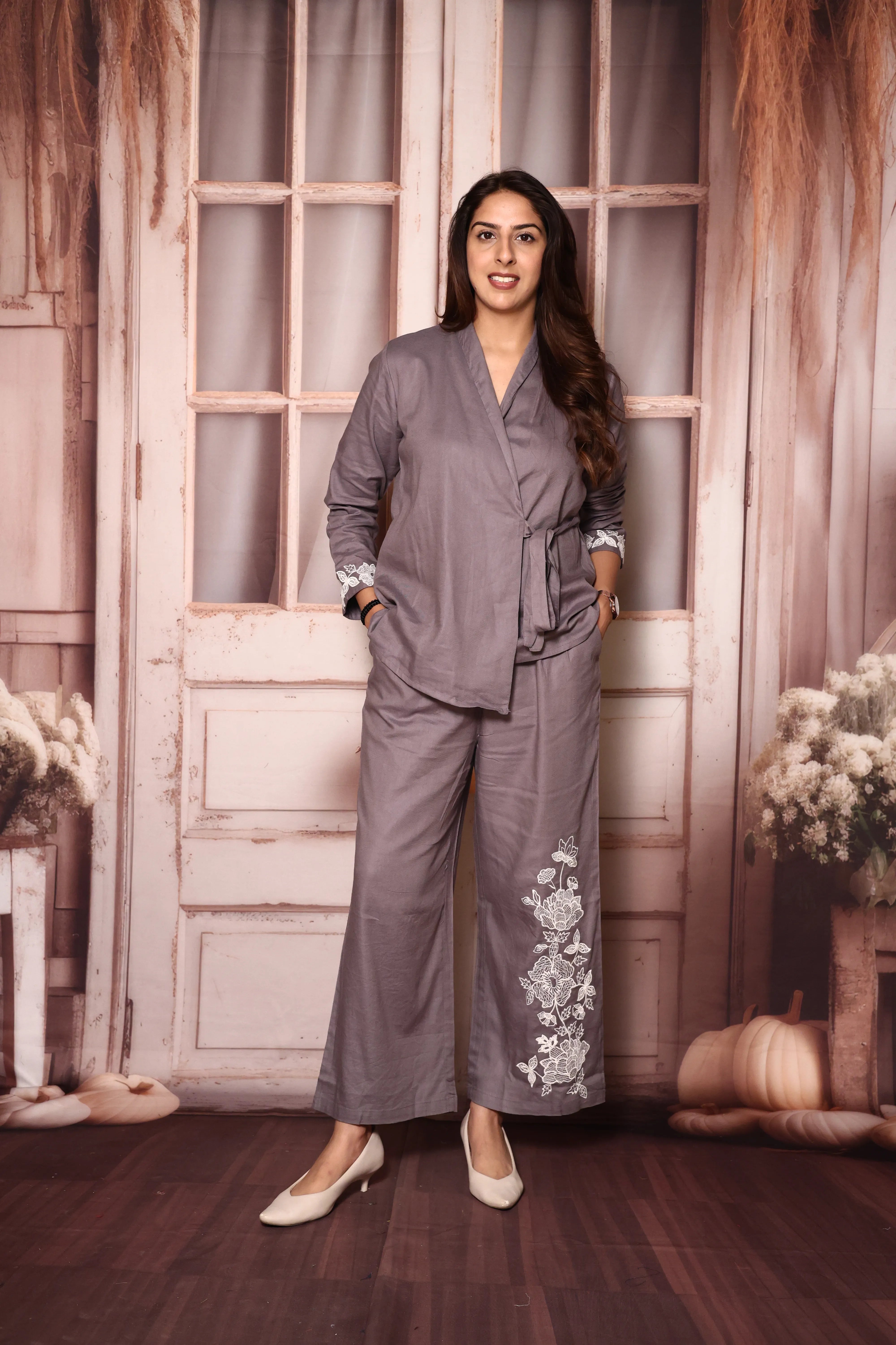 Grey Wrap-Style Top & Floral Embroidered Palazzo Co-Ord Set | Rayon Twill