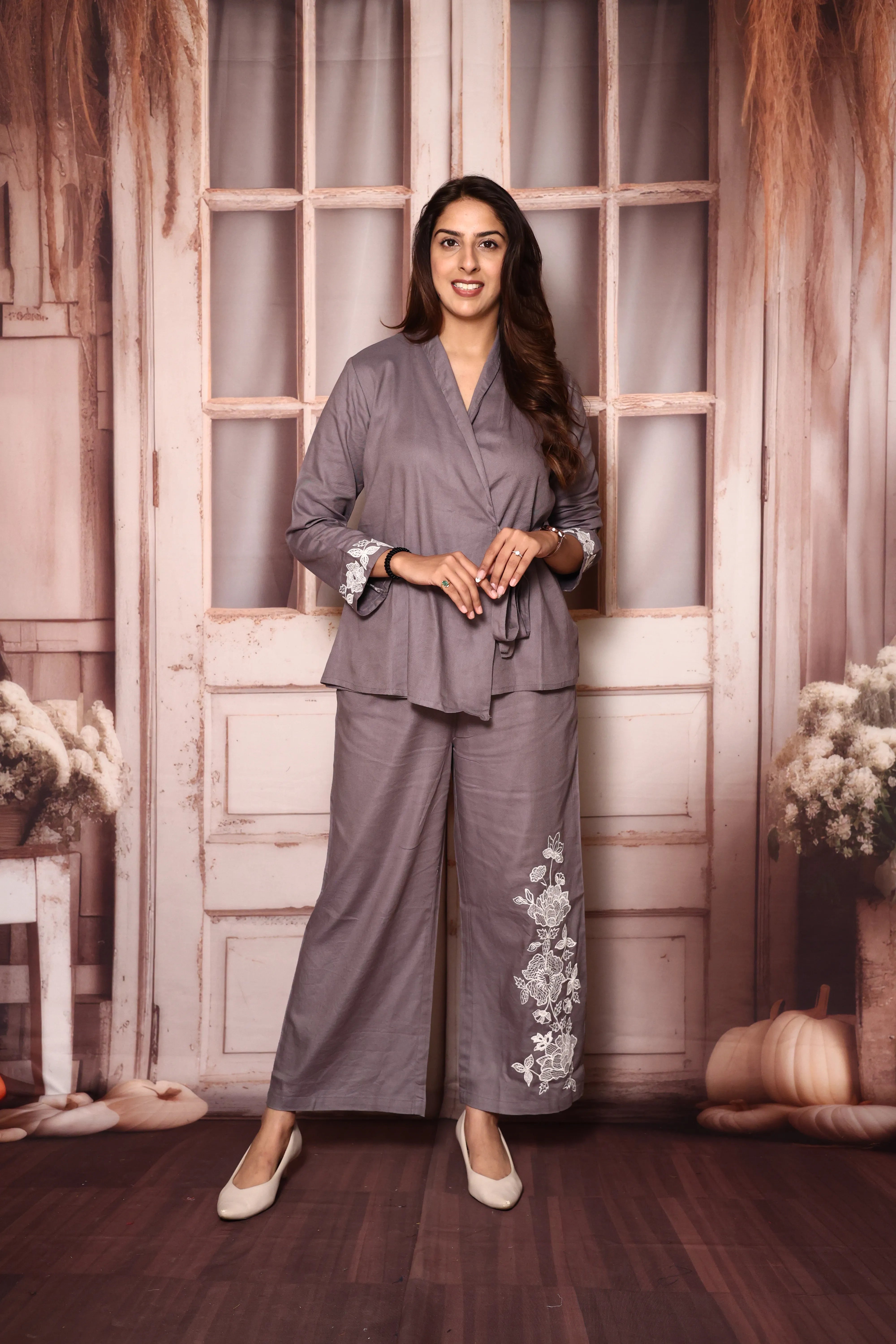 Grey Wrap-Style Top & Floral Embroidered Palazzo Co-Ord Set | Rayon Twill