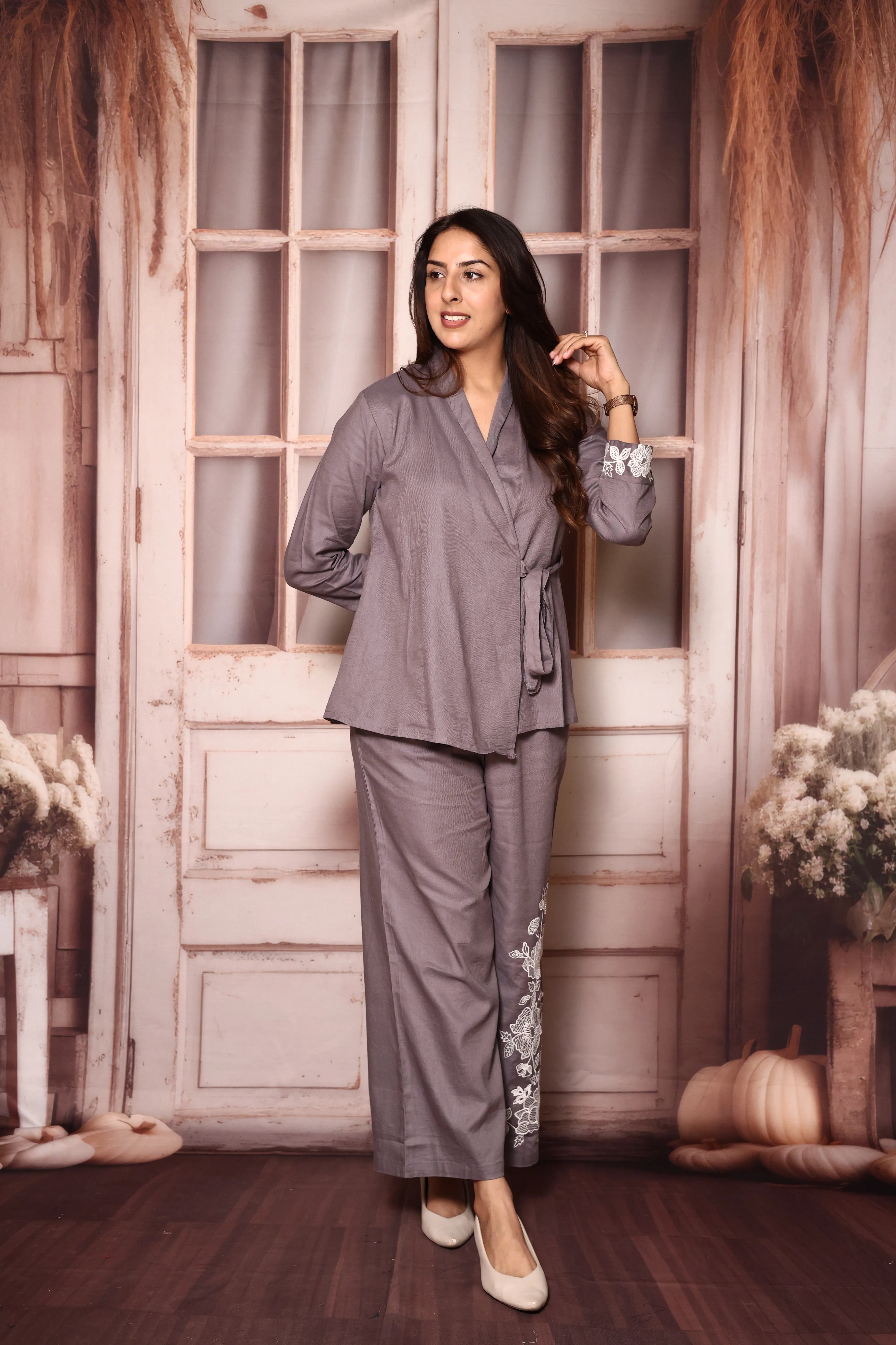 Grey Wrap-Style Top & Floral Embroidered Palazzo Co-Ord Set | Rayon Twill