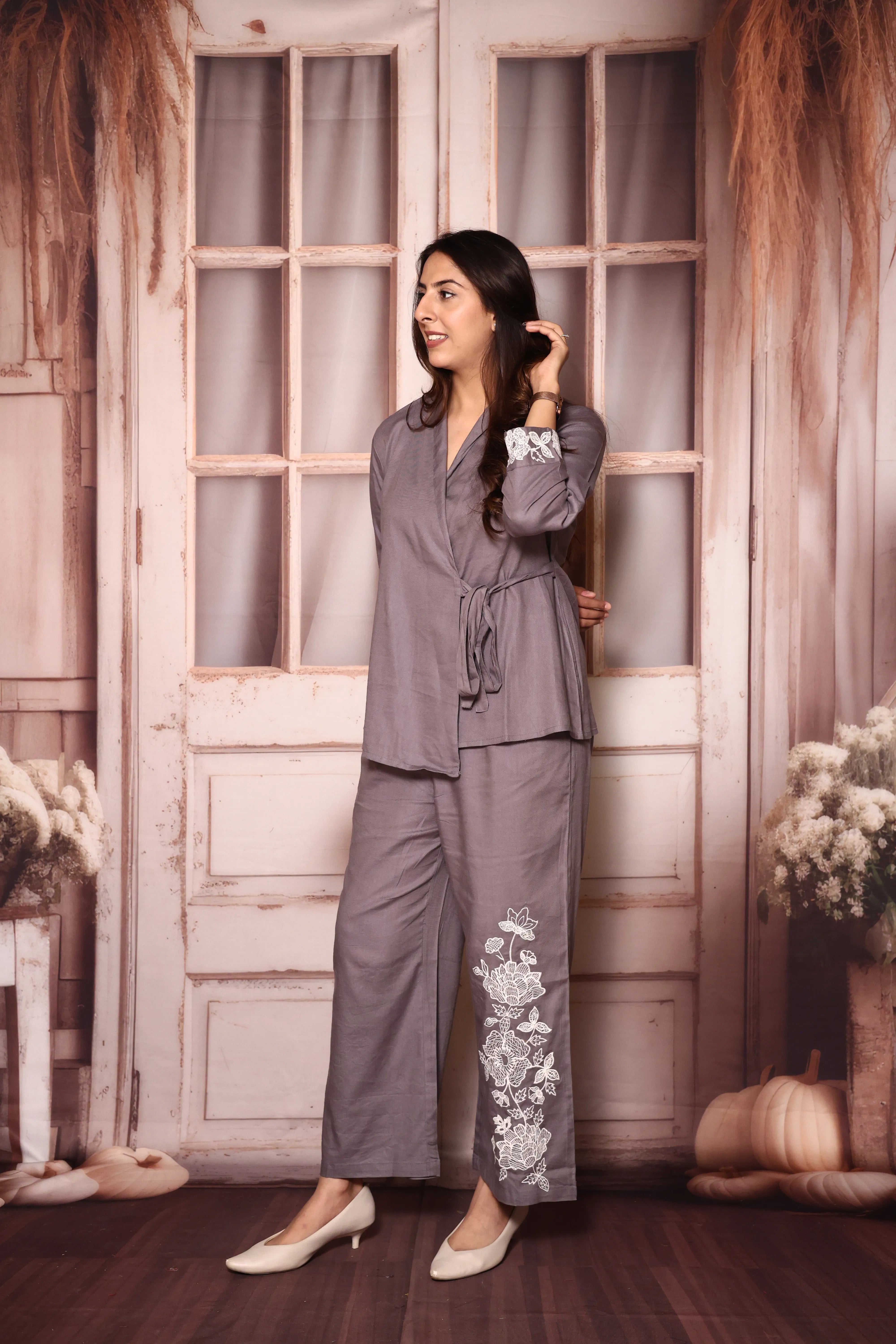 Grey Wrap-Style Top & Floral Embroidered Palazzo Co-Ord Set | Rayon Twill
