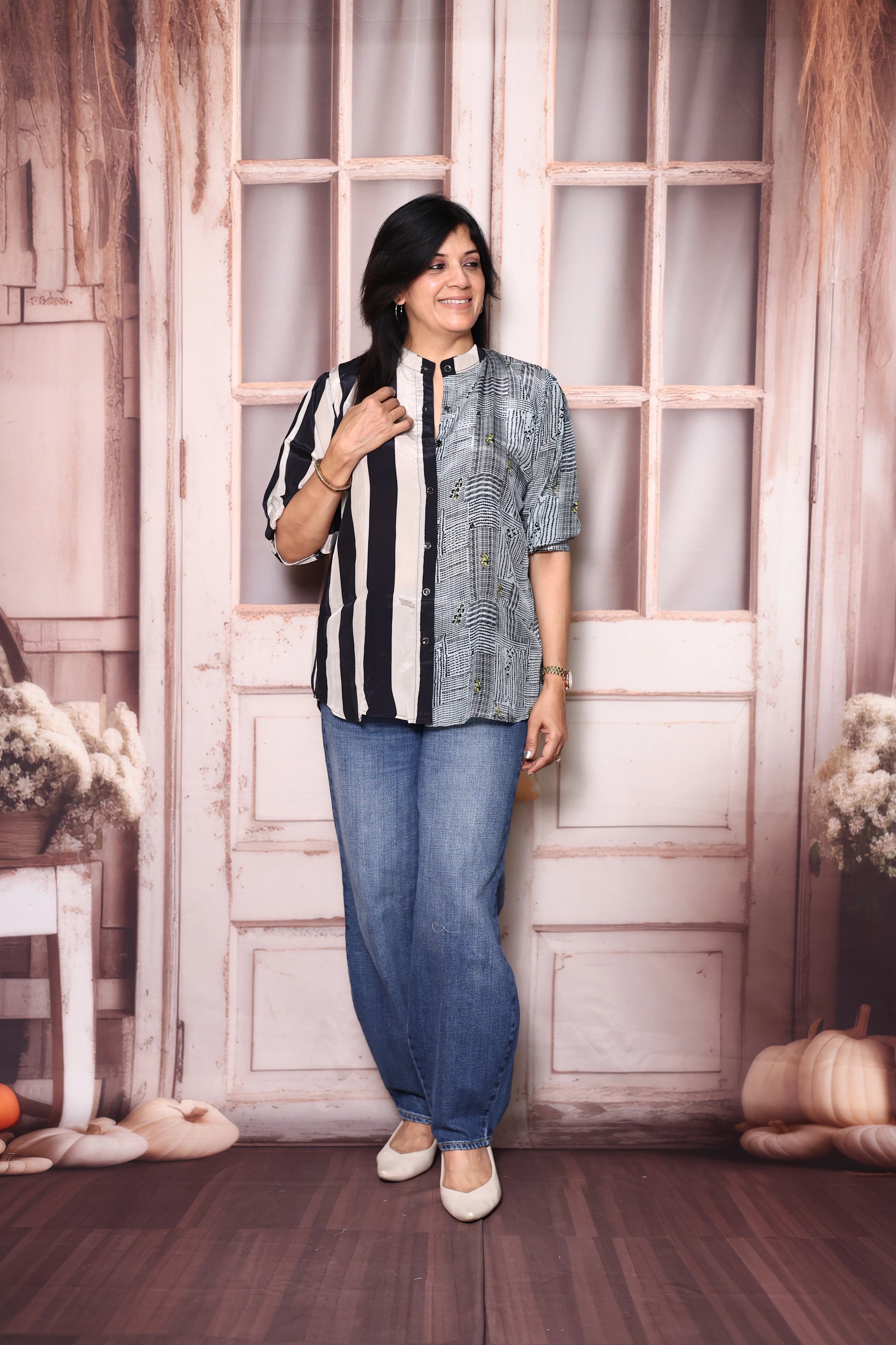 Grey & Black Printed Pure Crepe Shirt Tunic | Stylish Indo-Western Top