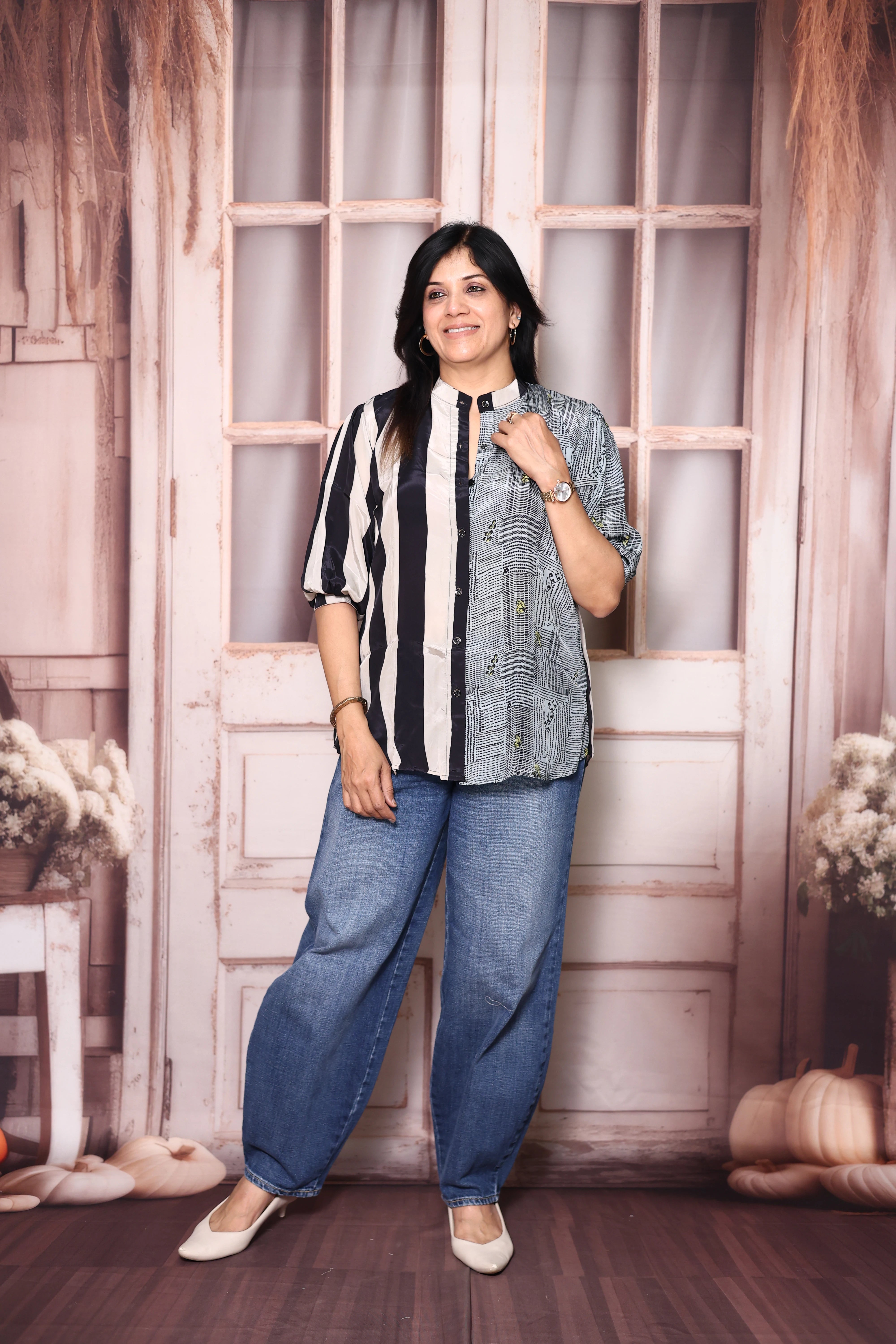 Grey & Black Printed Pure Crepe Shirt Tunic | Stylish Indo-Western Top