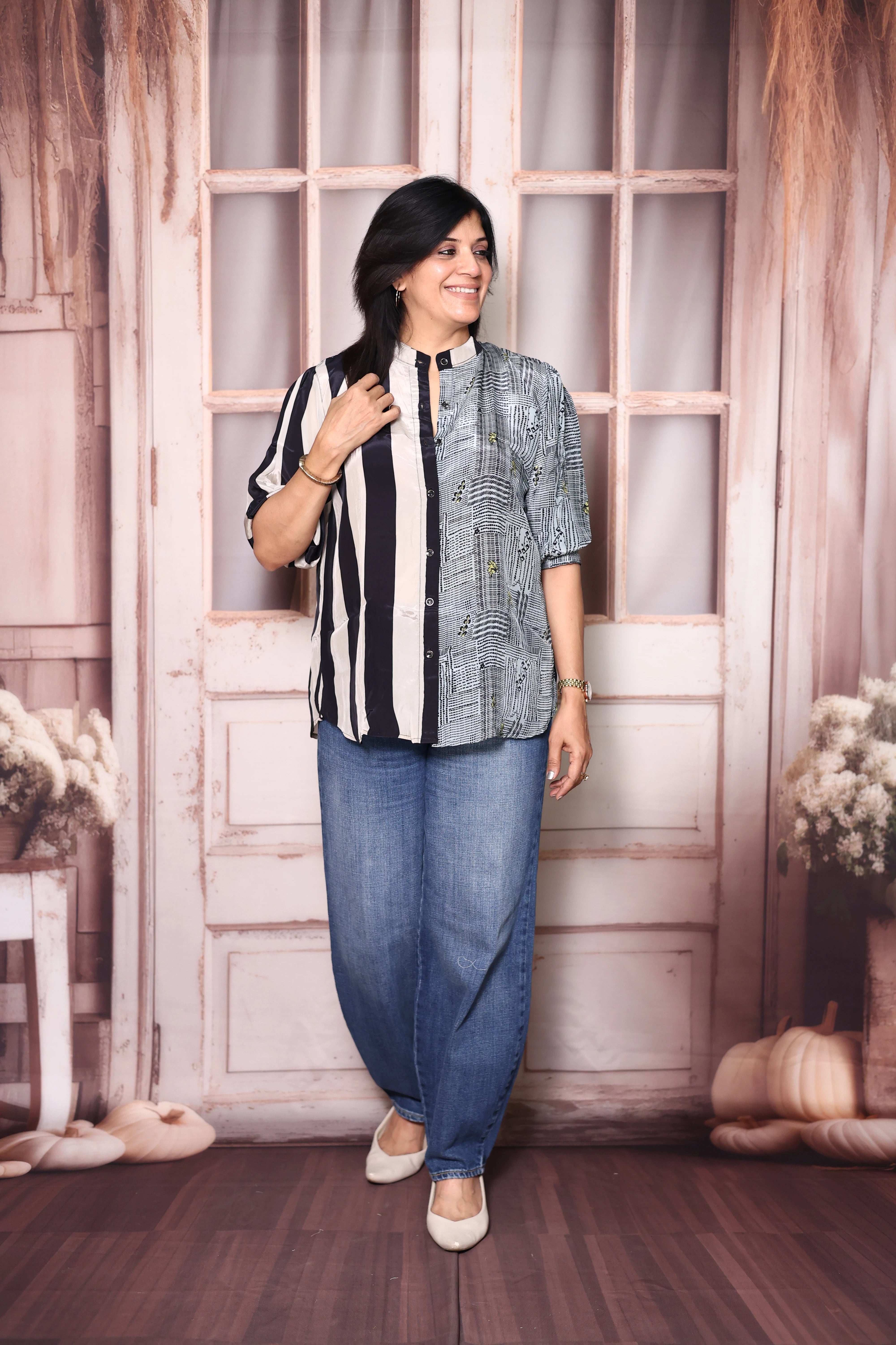 Grey & Black Printed Pure Crepe Shirt Tunic | Stylish Indo-Western Top