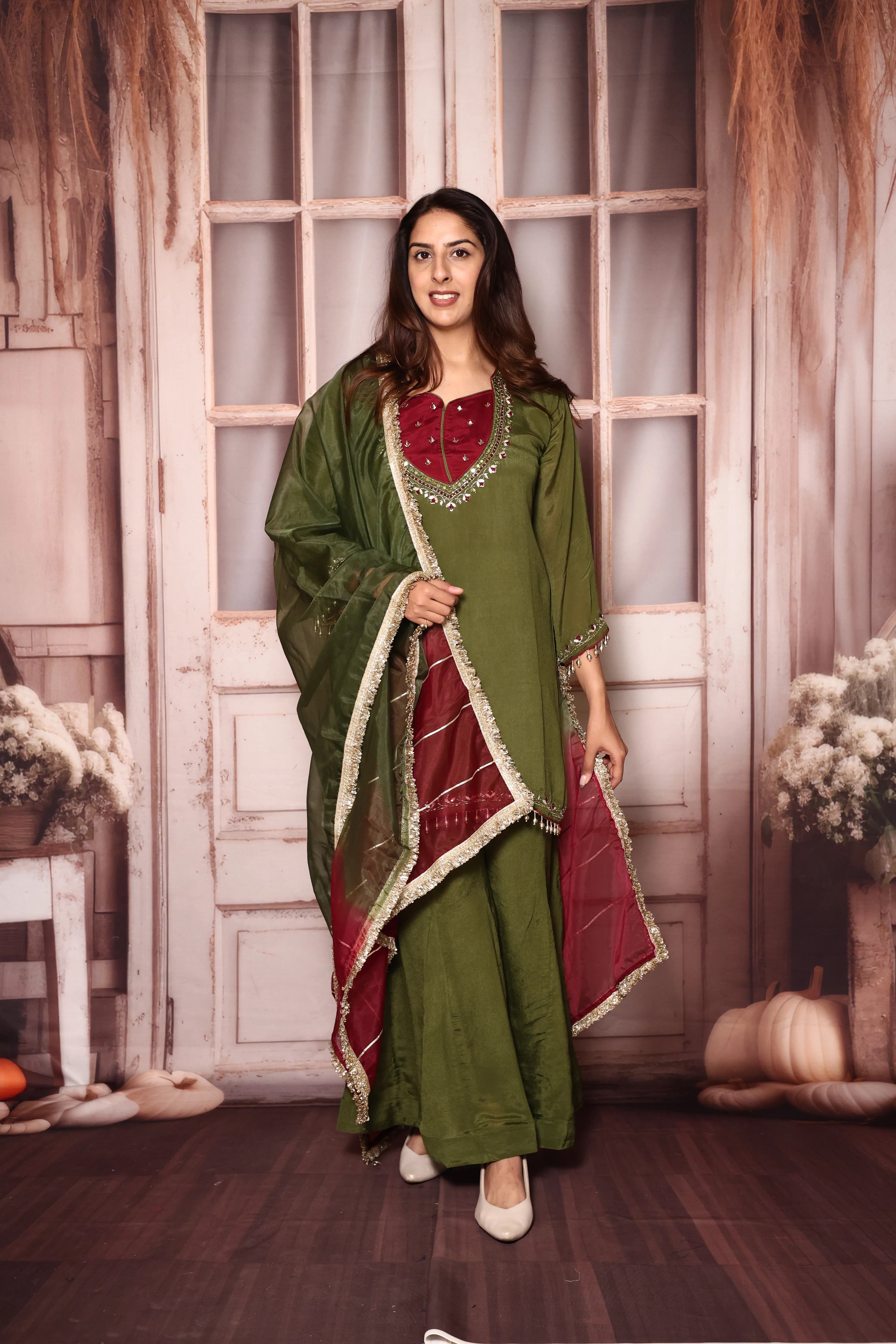 Olive Green Embroidered Kurta Sharara with Organza Dupatta | Pearl Detailed Work | Chinon