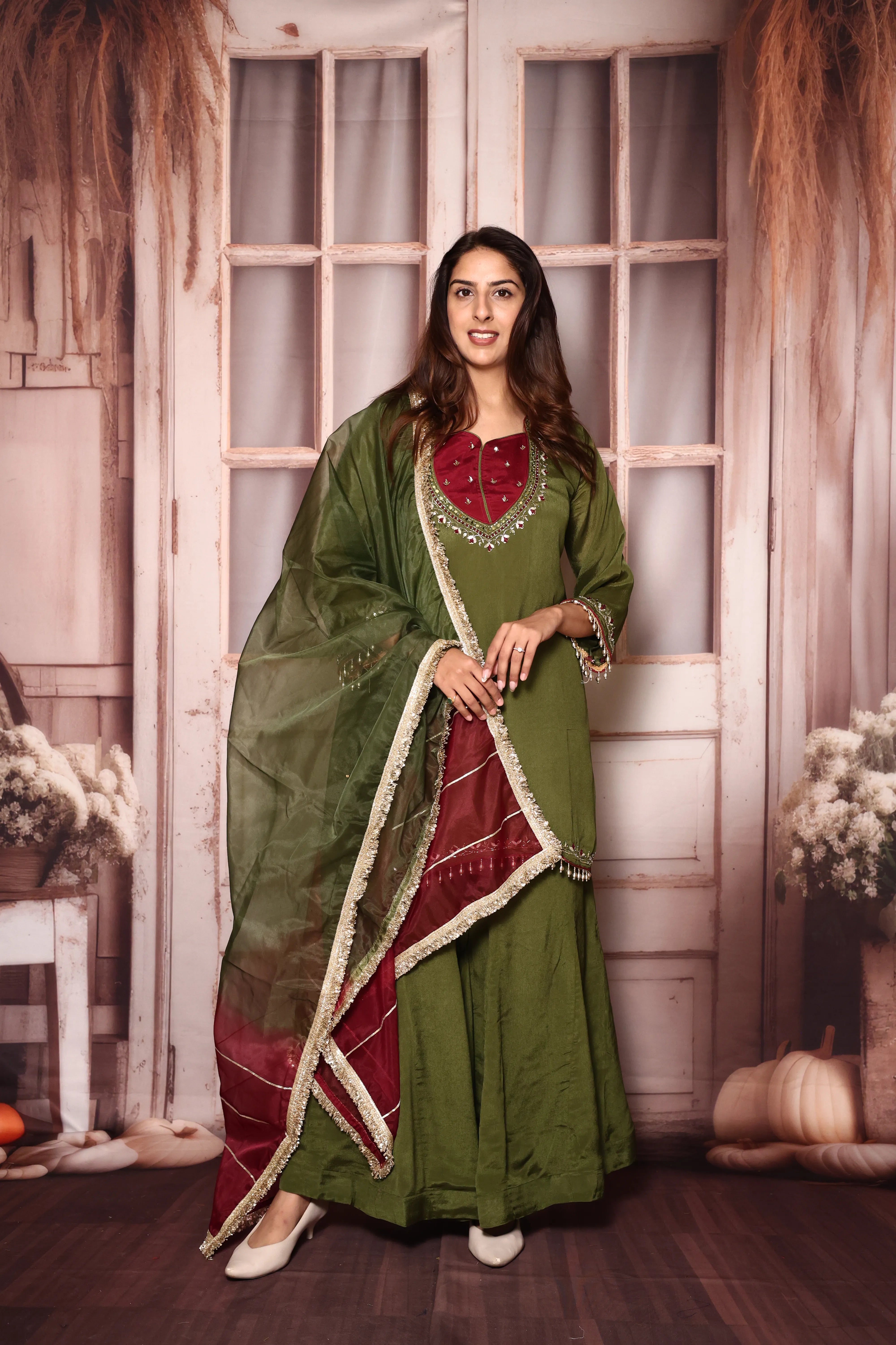 Olive Green Embroidered Kurta Sharara with Organza Dupatta | Pearl Detailed Work | Chinon