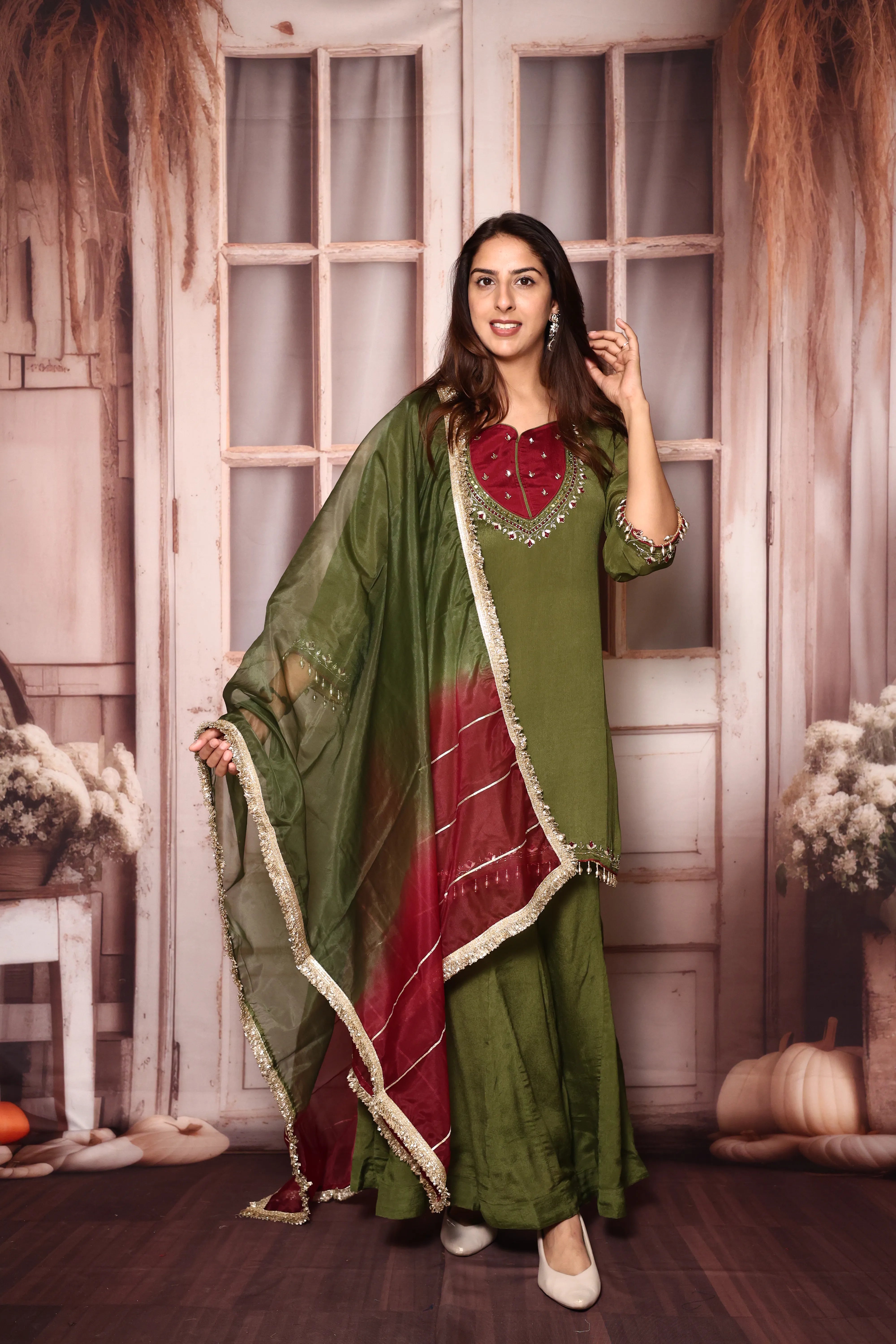 Olive Green Embroidered Kurta Sharara with Organza Dupatta | Pearl Detailed Work | Chinon
