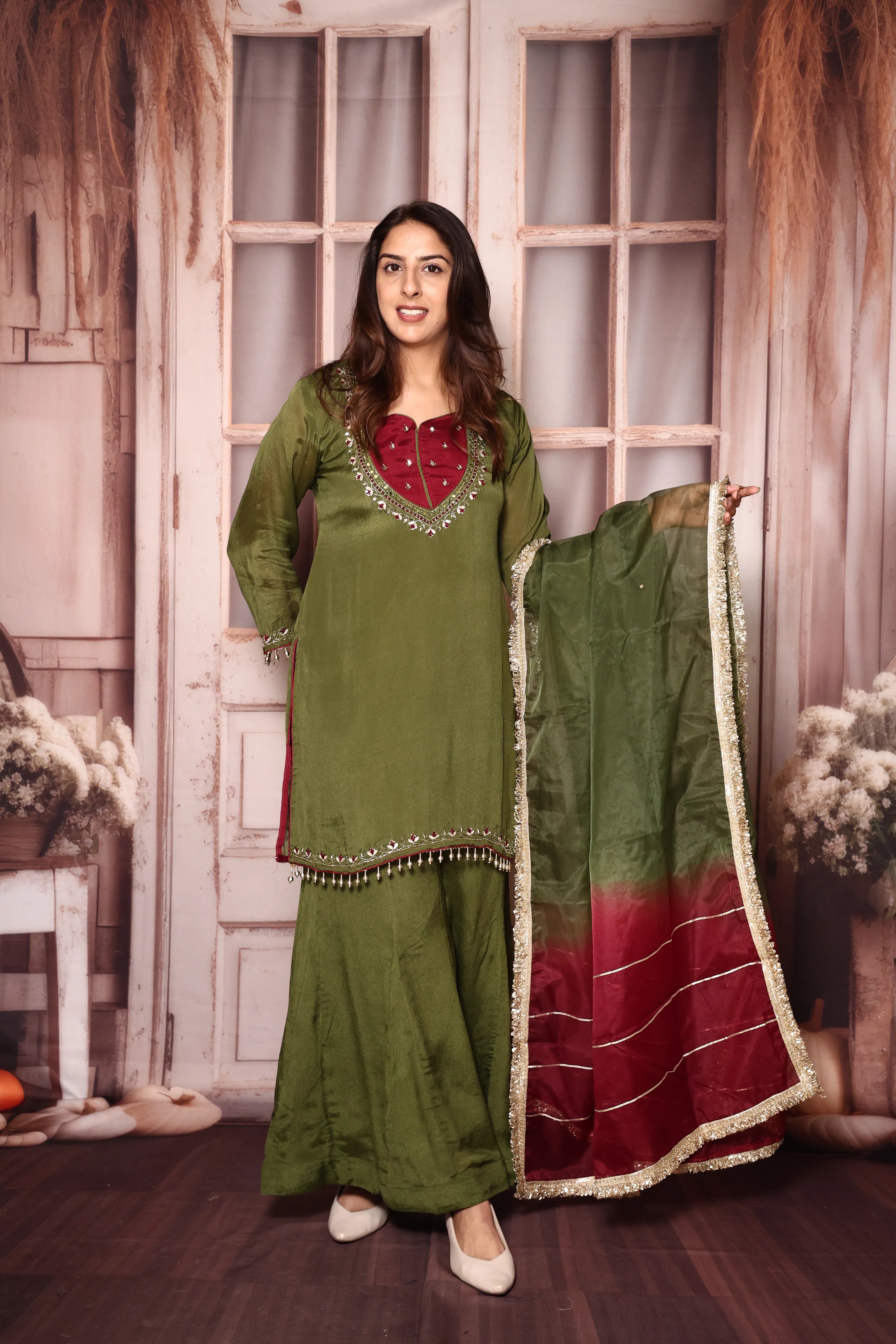 Olive Green Embroidered Kurta Sharara with Organza Dupatta | Pearl Detailed Work | Chinon