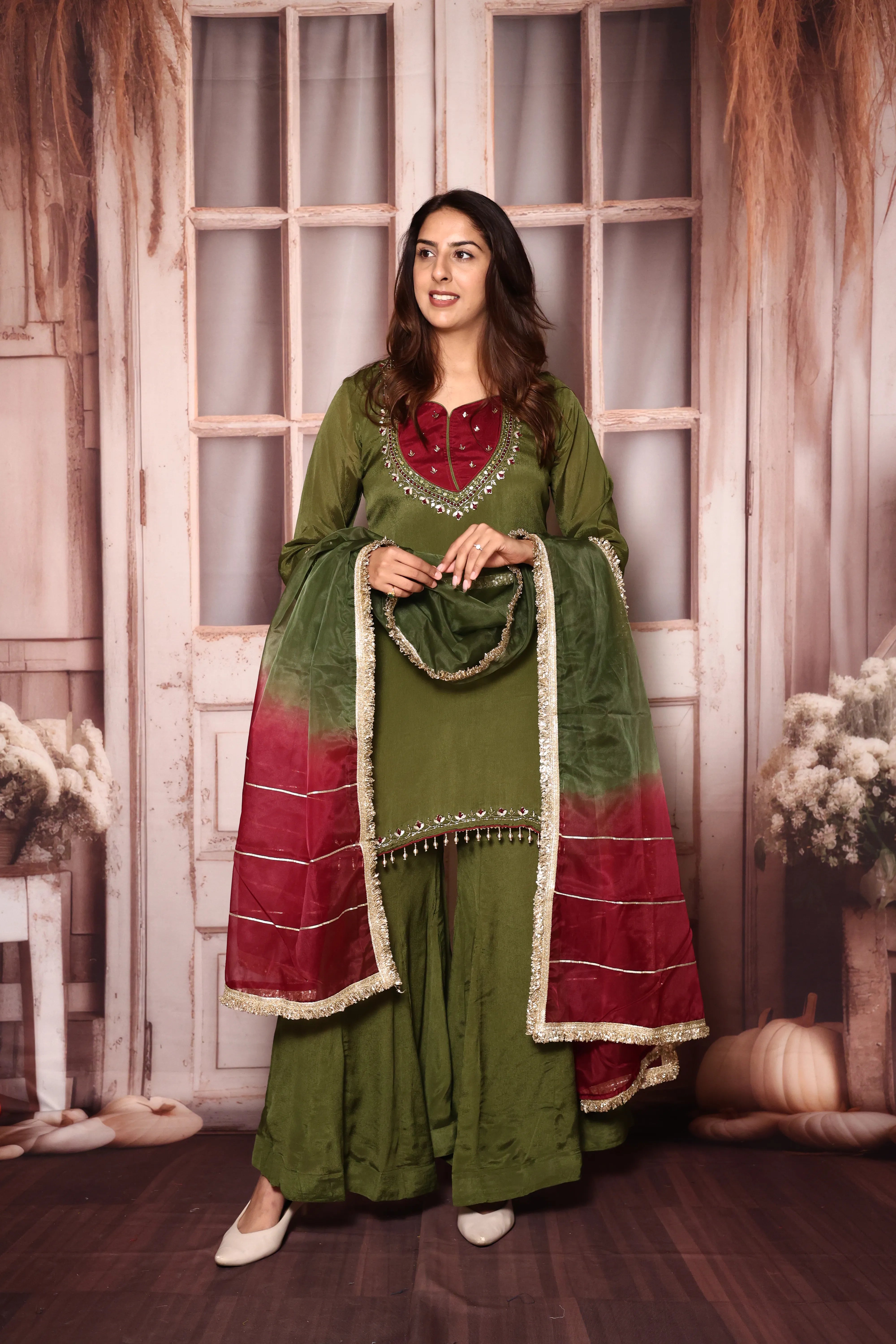 Olive Green Embroidered Kurta Sharara with Organza Dupatta | Pearl Detailed Work | Chinon