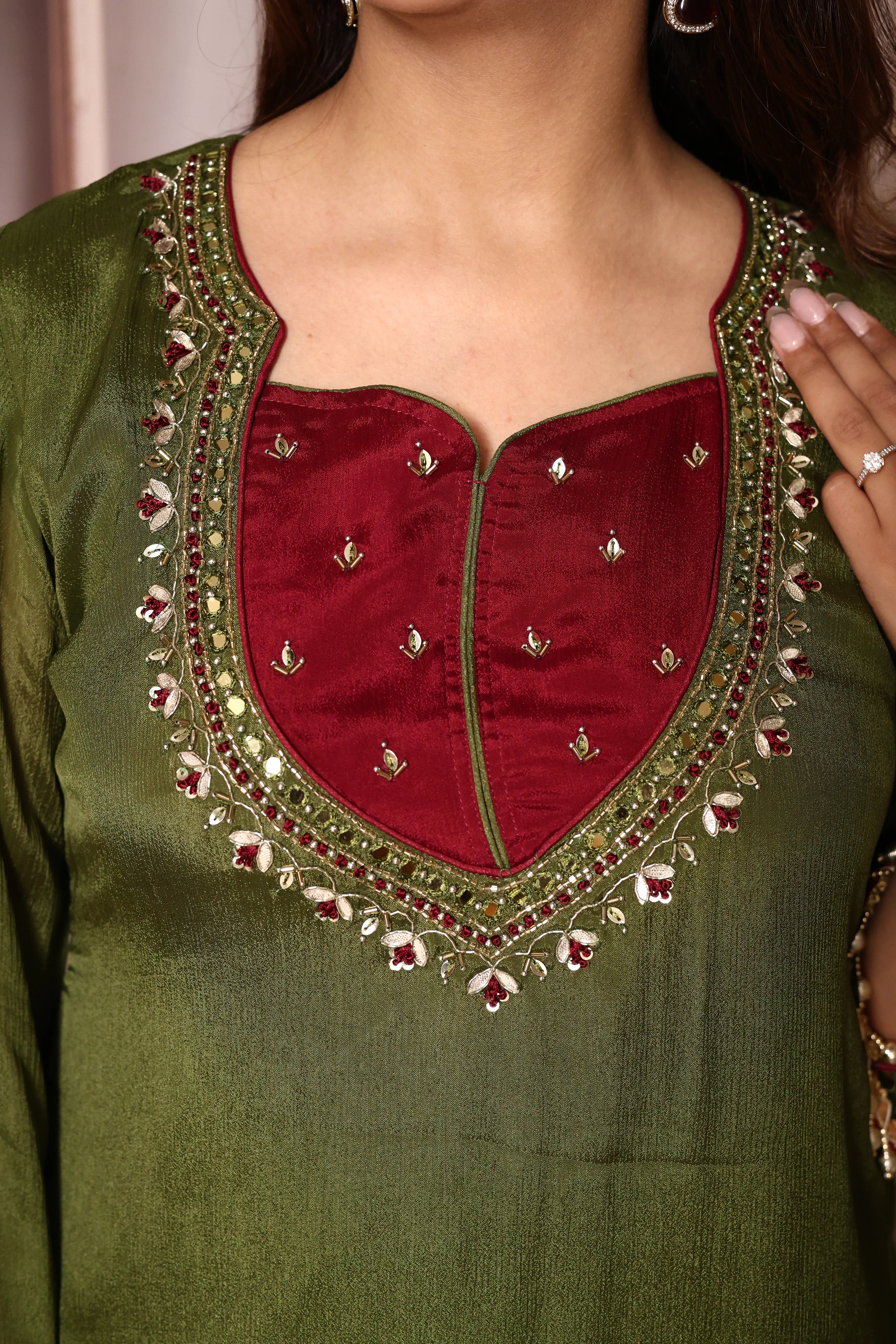 Olive Green Embroidered Kurta Sharara with Organza Dupatta | Pearl Detailed Work | Chinon
