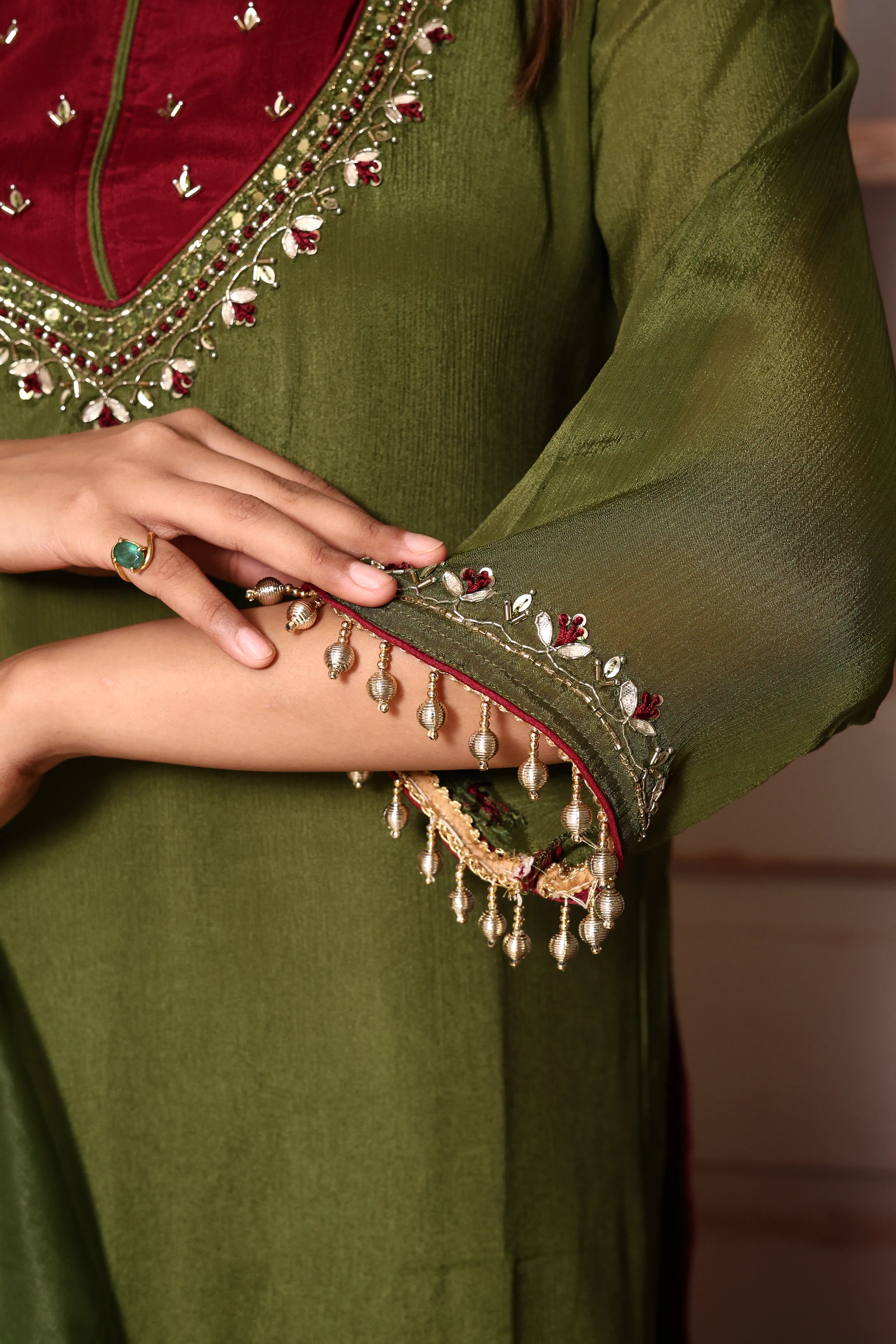 Olive Green Embroidered Kurta Sharara with Organza Dupatta | Pearl Detailed Work | Chinon