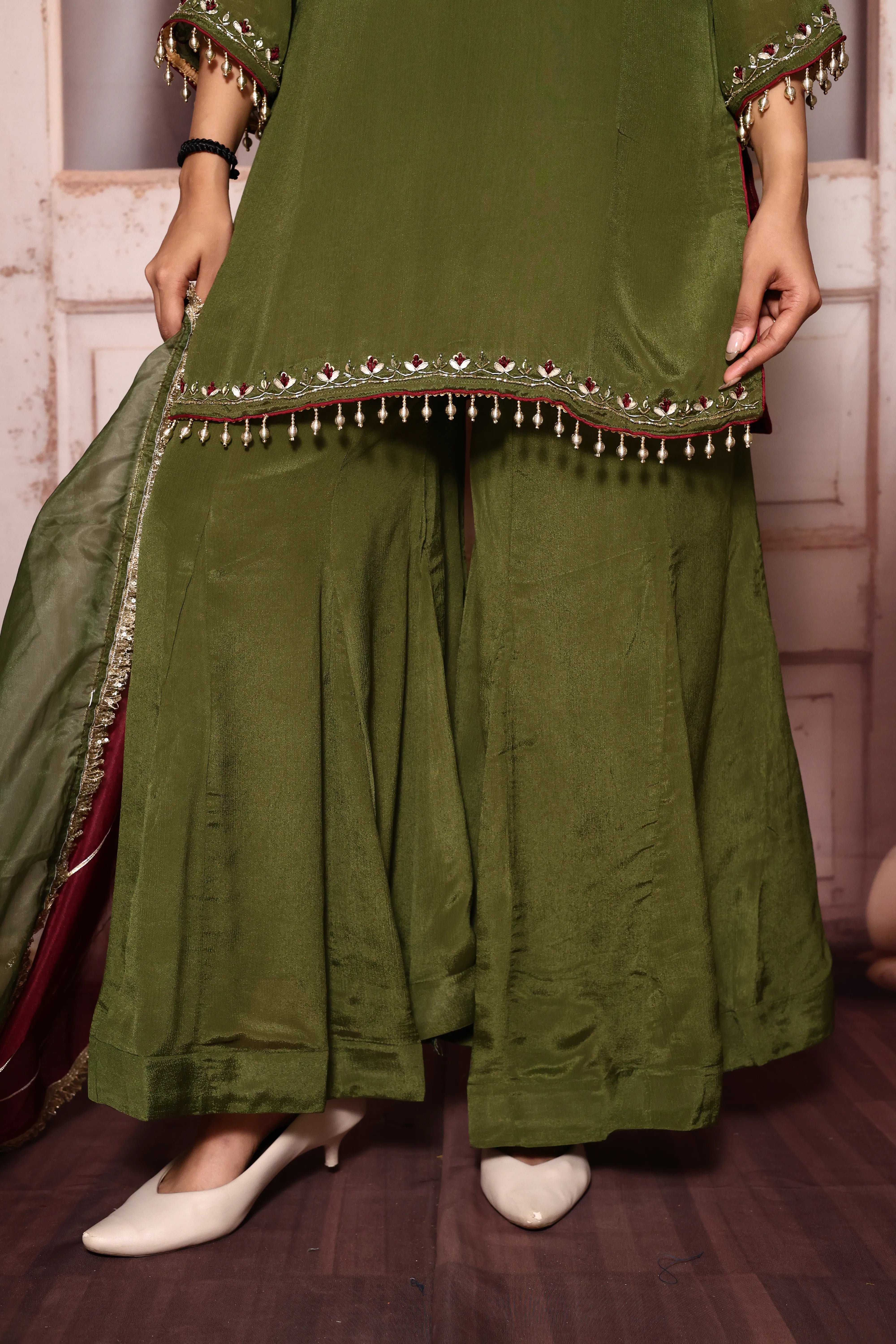 Olive Green Embroidered Kurta Sharara with Organza Dupatta | Pearl Detailed Work | Chinon