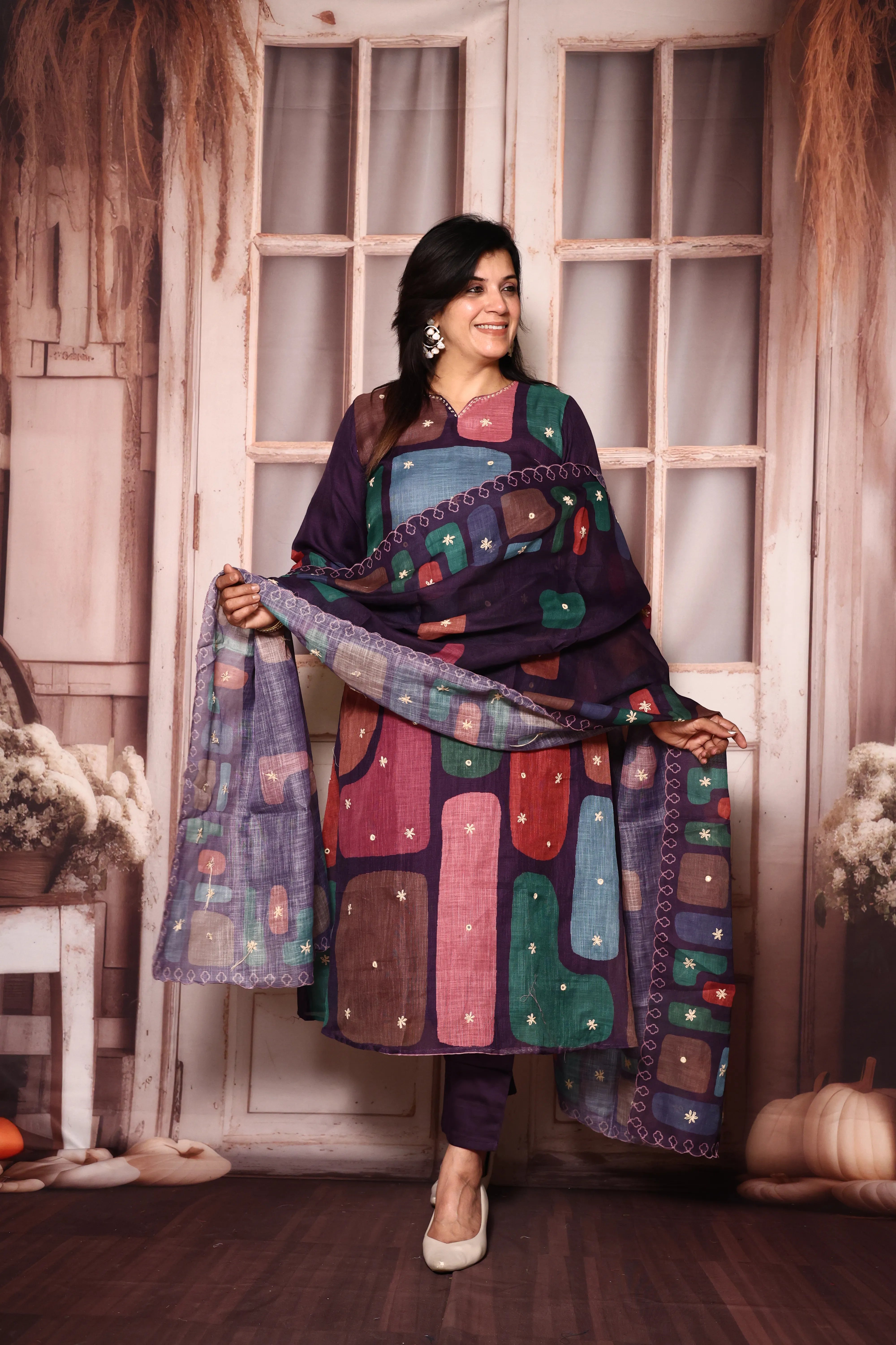 Multicolor Kantha Work A-Line Kurta Pant with Dupatta Set | Handcrafted Linen Ethnic Wear