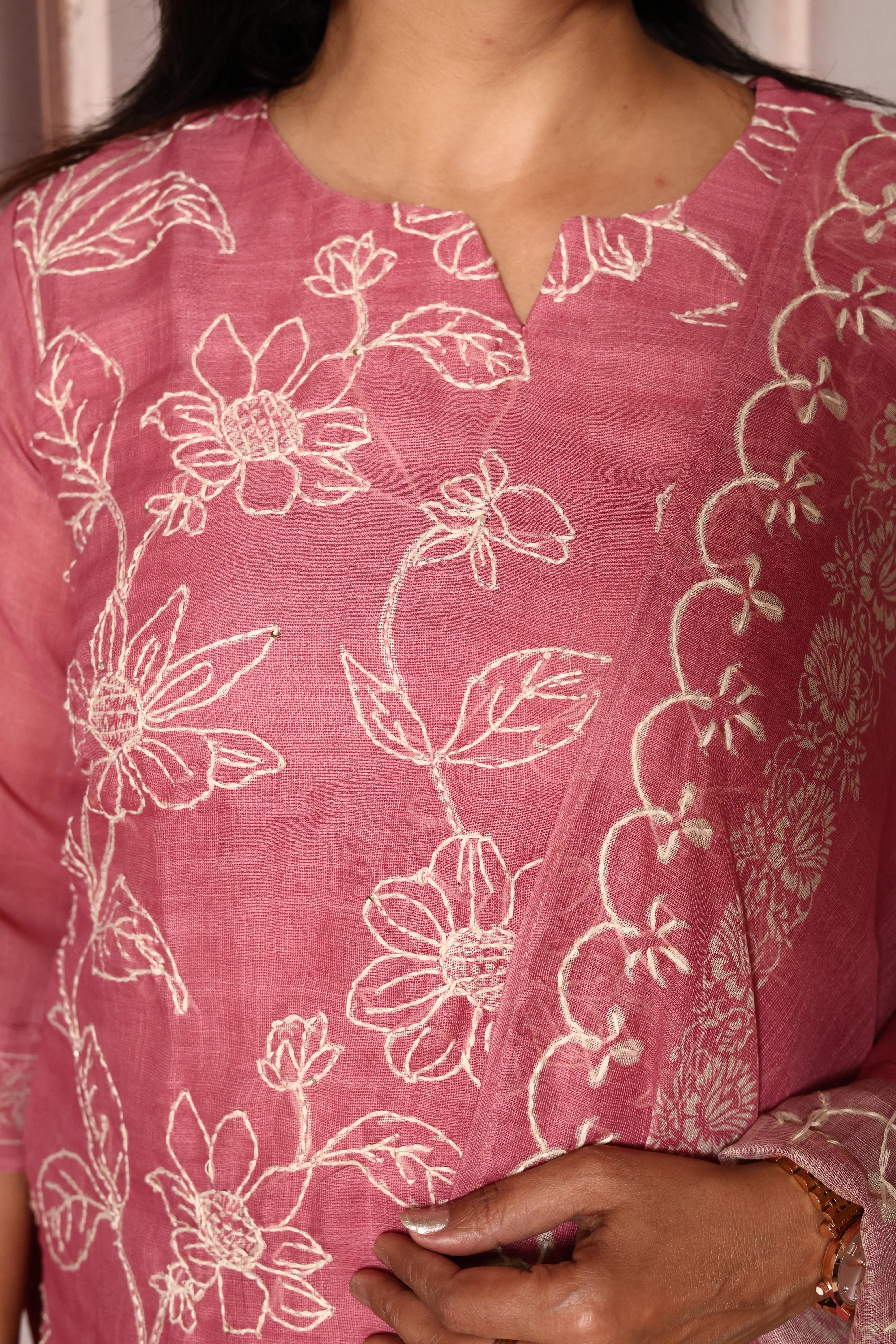 Wild Orchid Floral Kantha Work Kurta Pant with Dupatta | Linen | Premium Embroidery