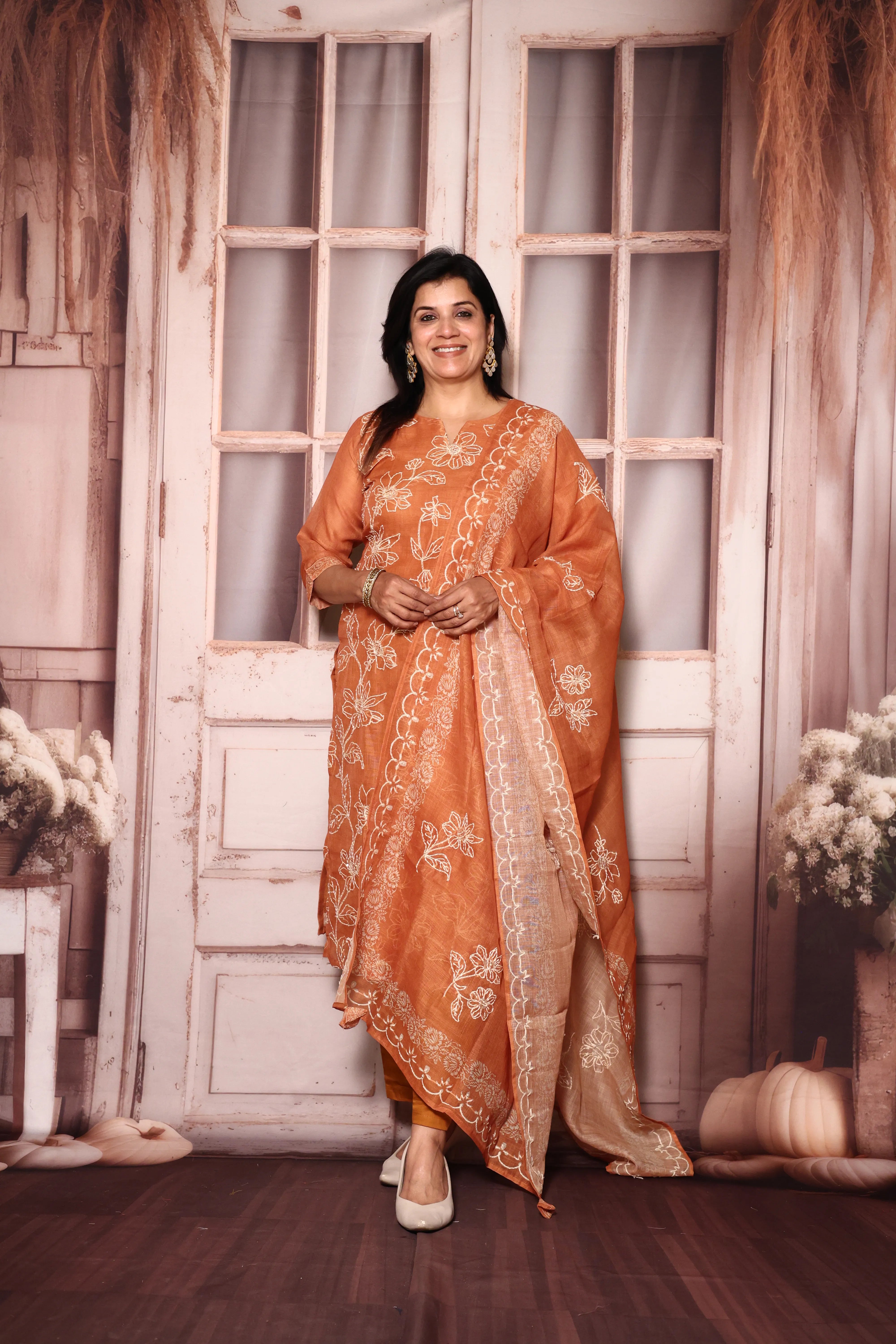 Rust Floral Kantha Work Kurta Pant with Dupatta | Linen | Premium Embroidery