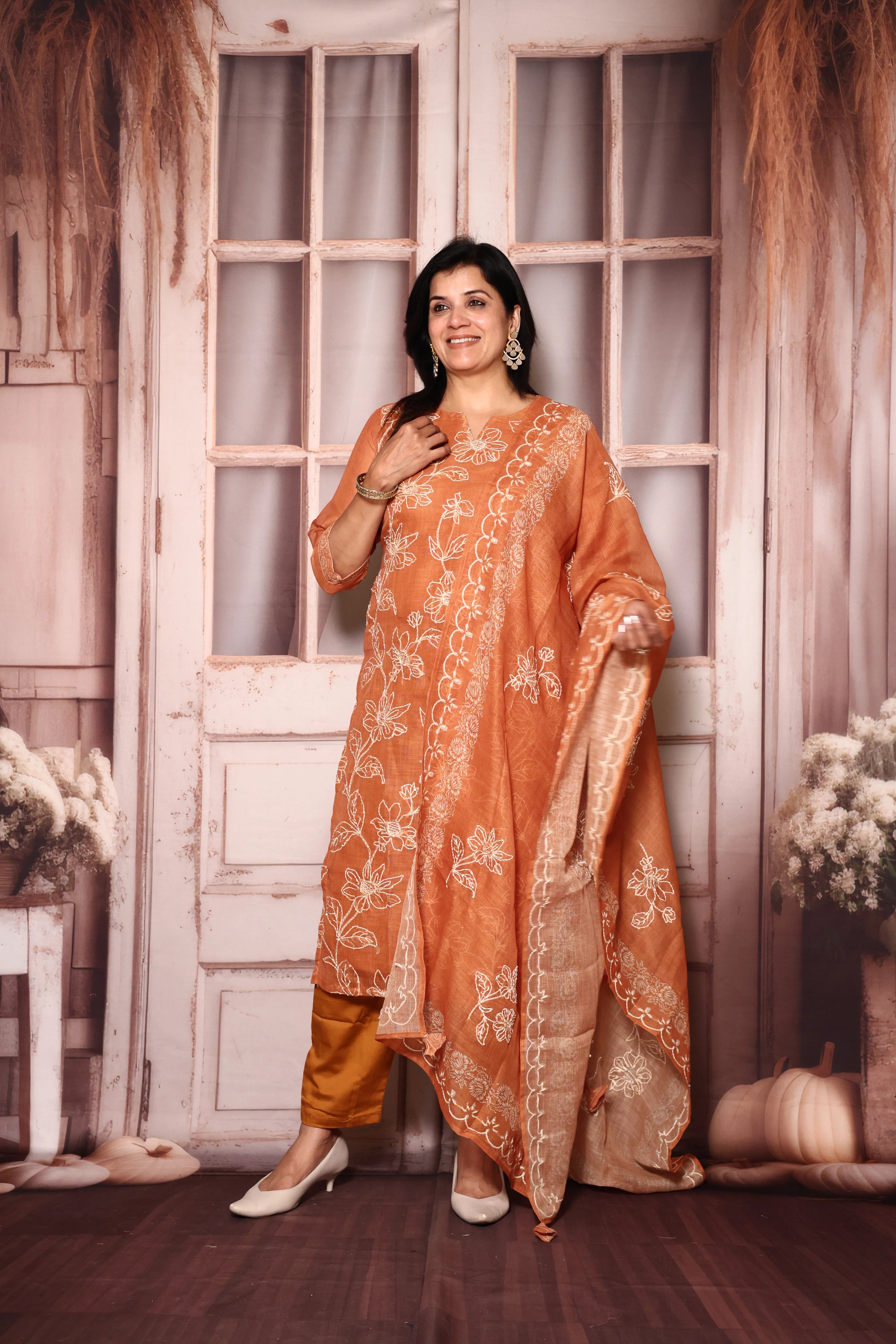 Rust Floral Kantha Work Kurta Pant with Dupatta | Linen | Premium Embroidery