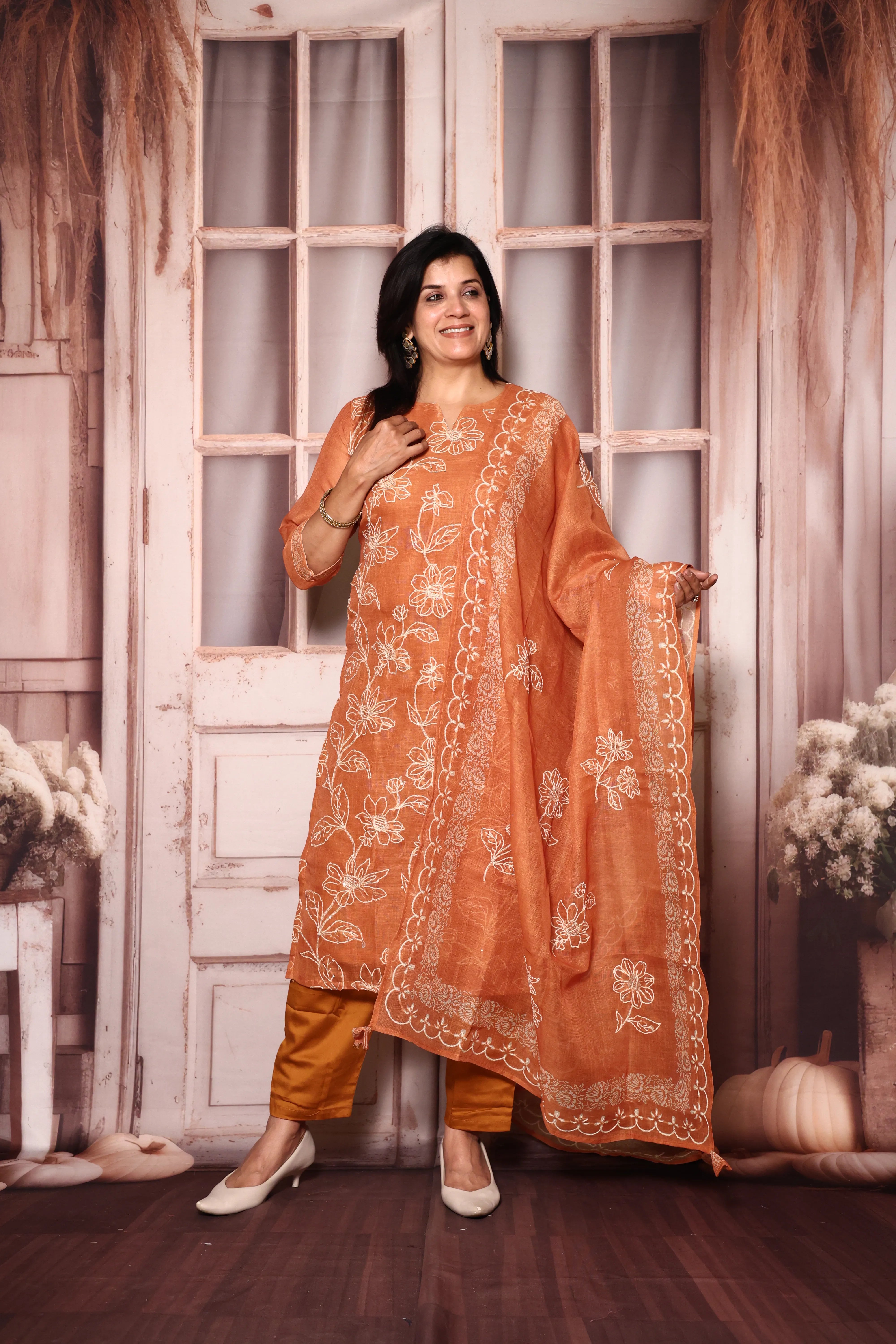 Rust Floral Kantha Work Kurta Pant with Dupatta | Linen | Premium Embroidery