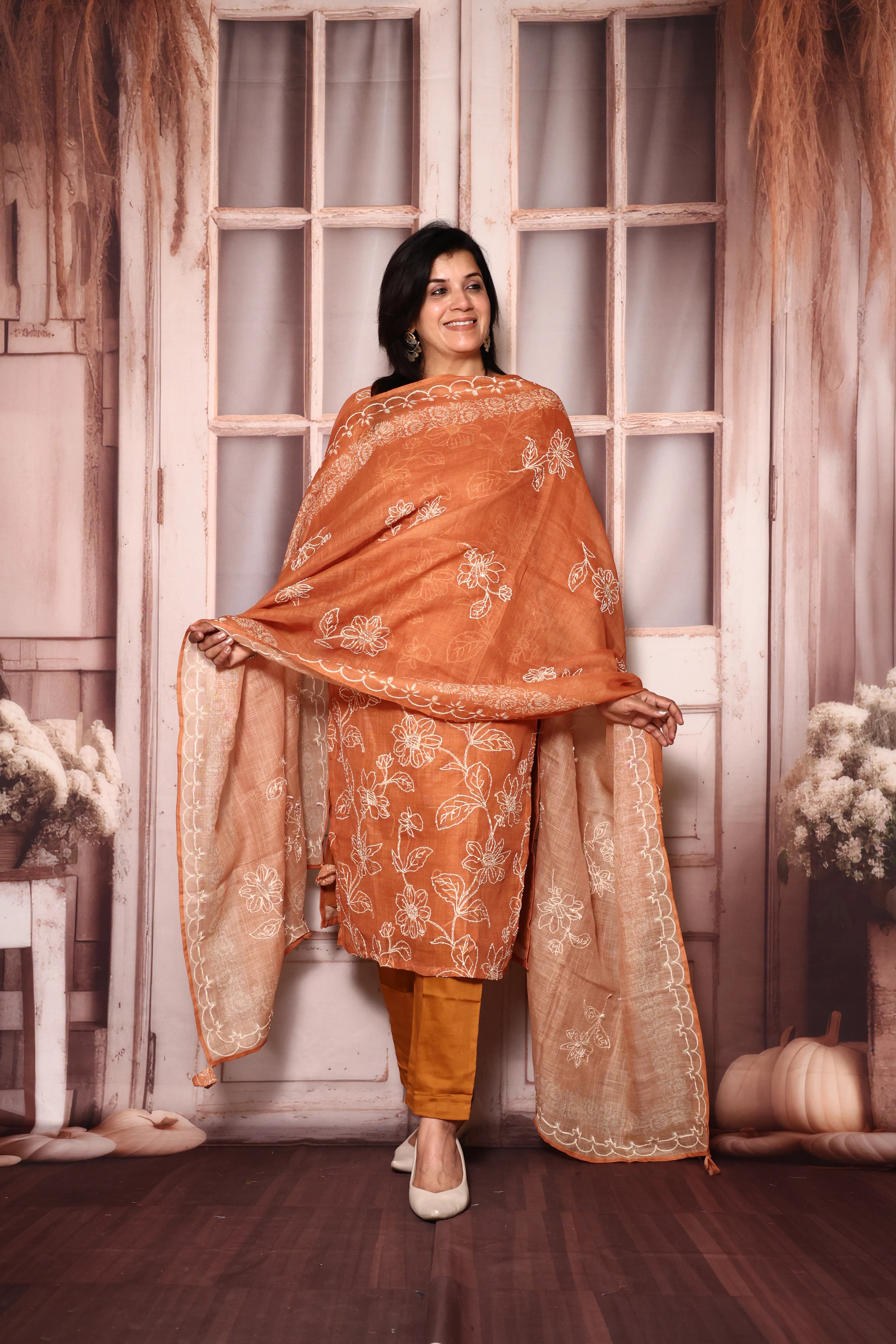 Rust Floral Kantha Work Kurta Pant with Dupatta | Linen | Premium Embroidery