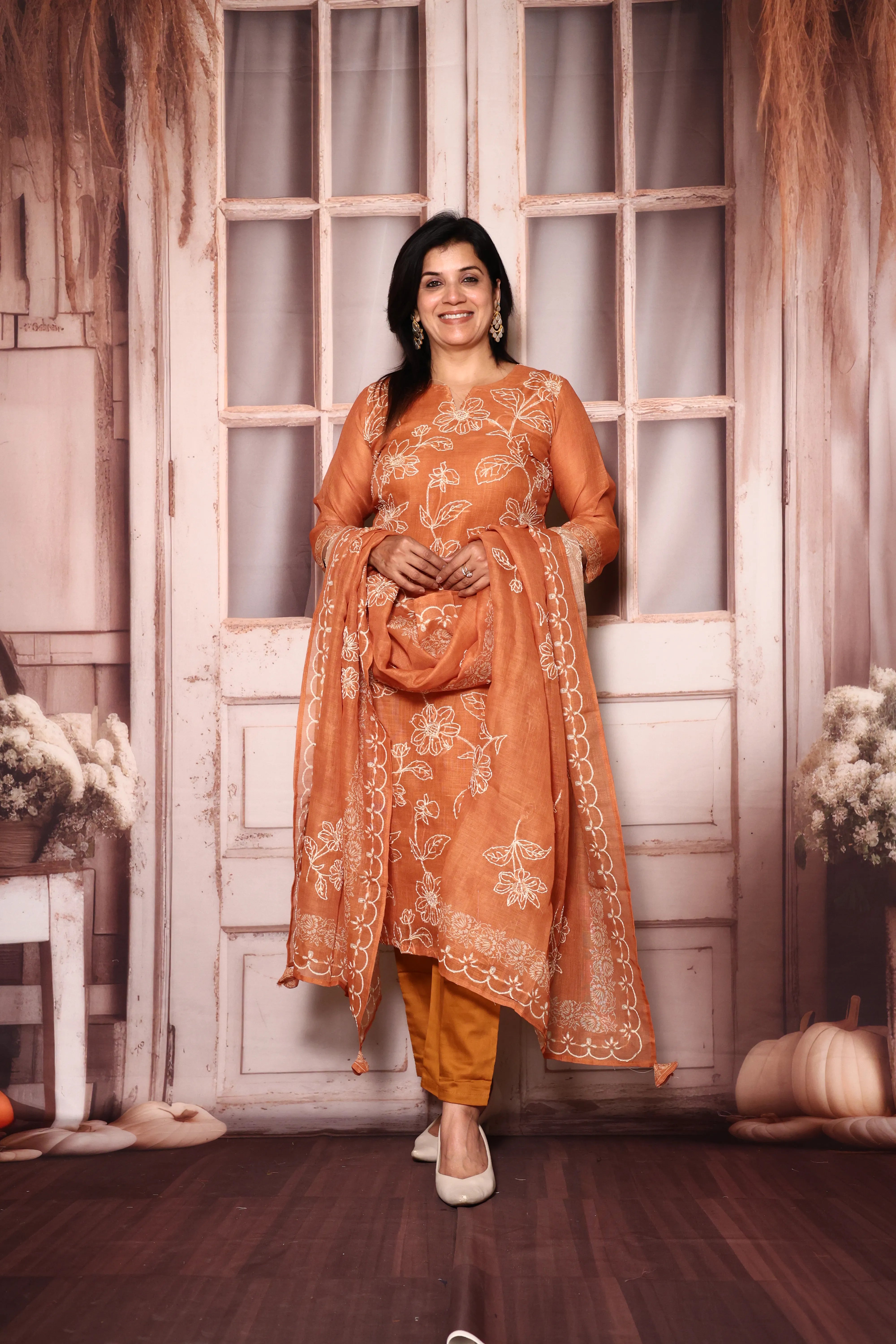 Rust Floral Kantha Work Kurta Pant with Dupatta | Linen | Premium Embroidery