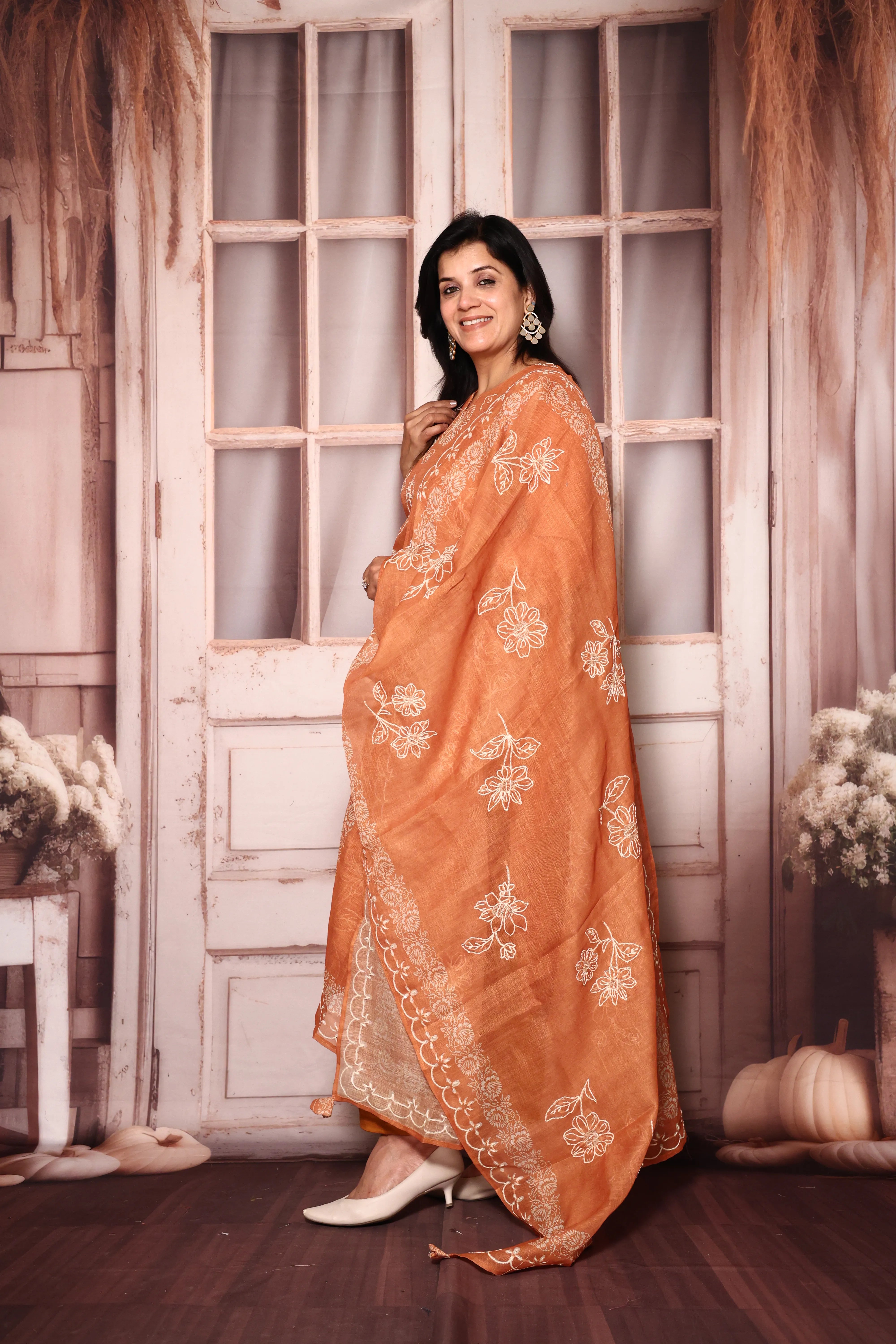 Rust Floral Kantha Work Kurta Pant with Dupatta | Linen | Premium Embroidery