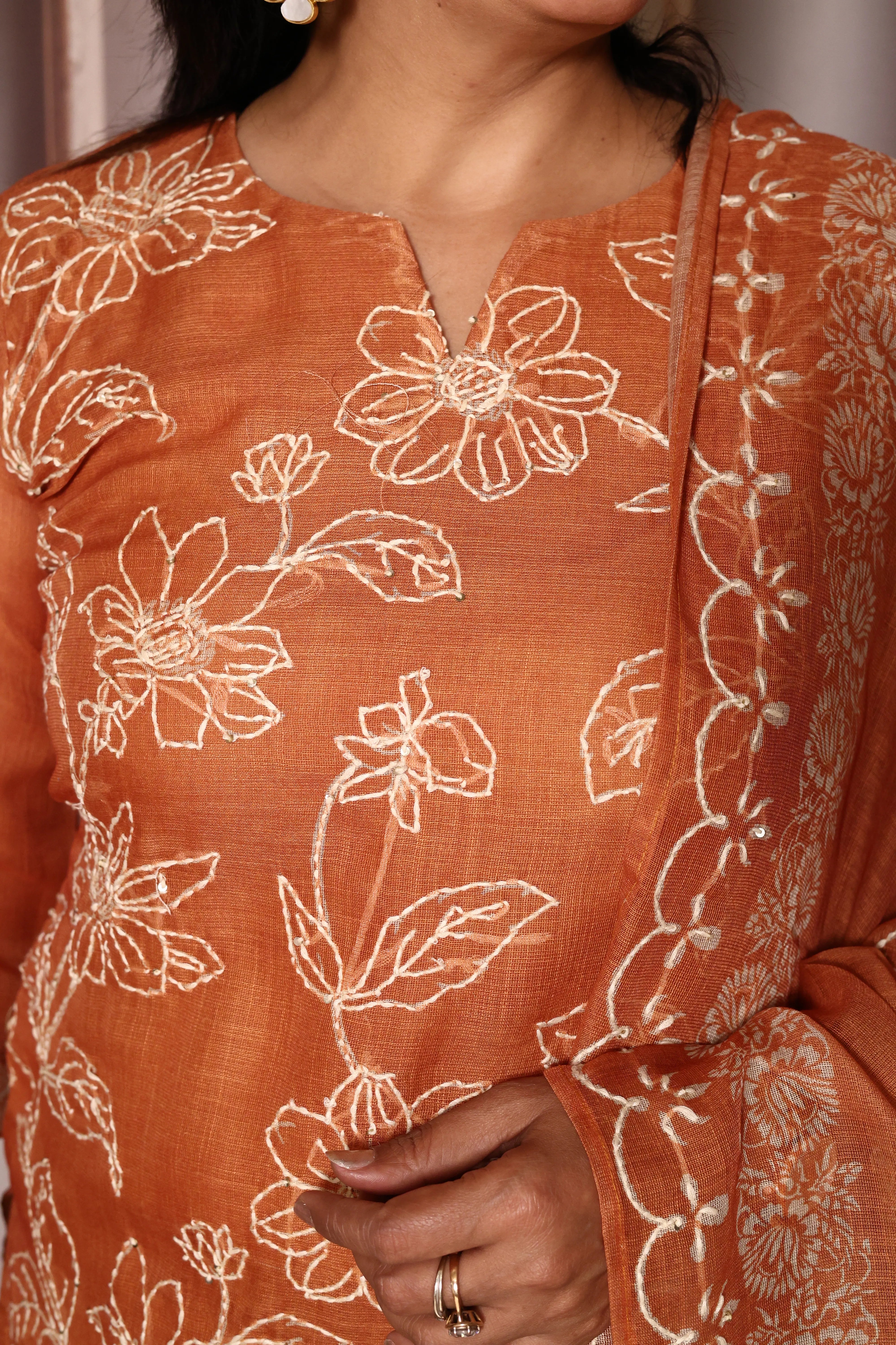 Rust Floral Kantha Work Kurta Pant with Dupatta | Linen | Premium Embroidery