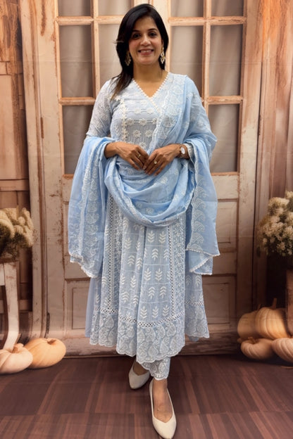 Powder Blue Lakhnavi Anarkali Kurti Dupatta Set | Intricate Lakhnavi Work