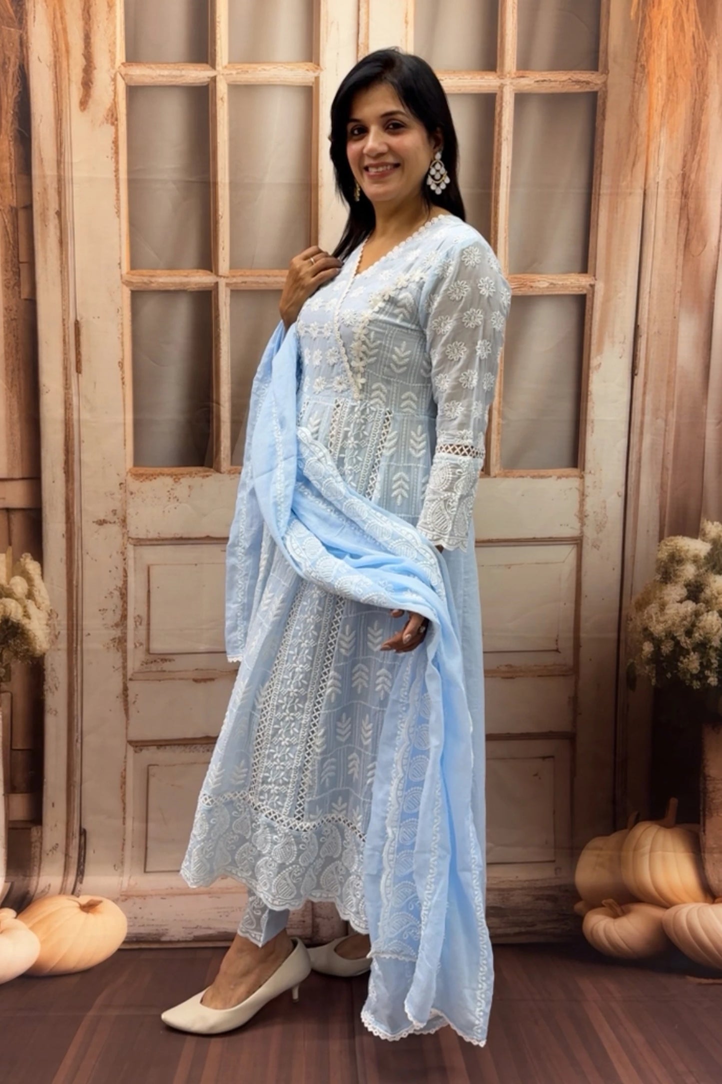 Powder Blue Lakhnavi Anarkali Kurti Dupatta Set | Intricate Lakhnavi Work