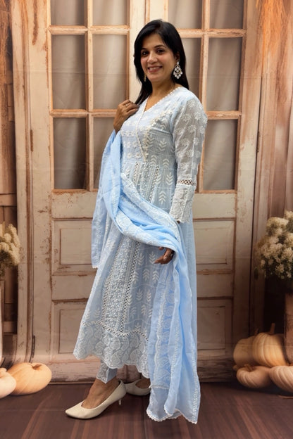 Powder Blue Lakhnavi Anarkali Kurti Dupatta Set | Intricate Lakhnavi Work