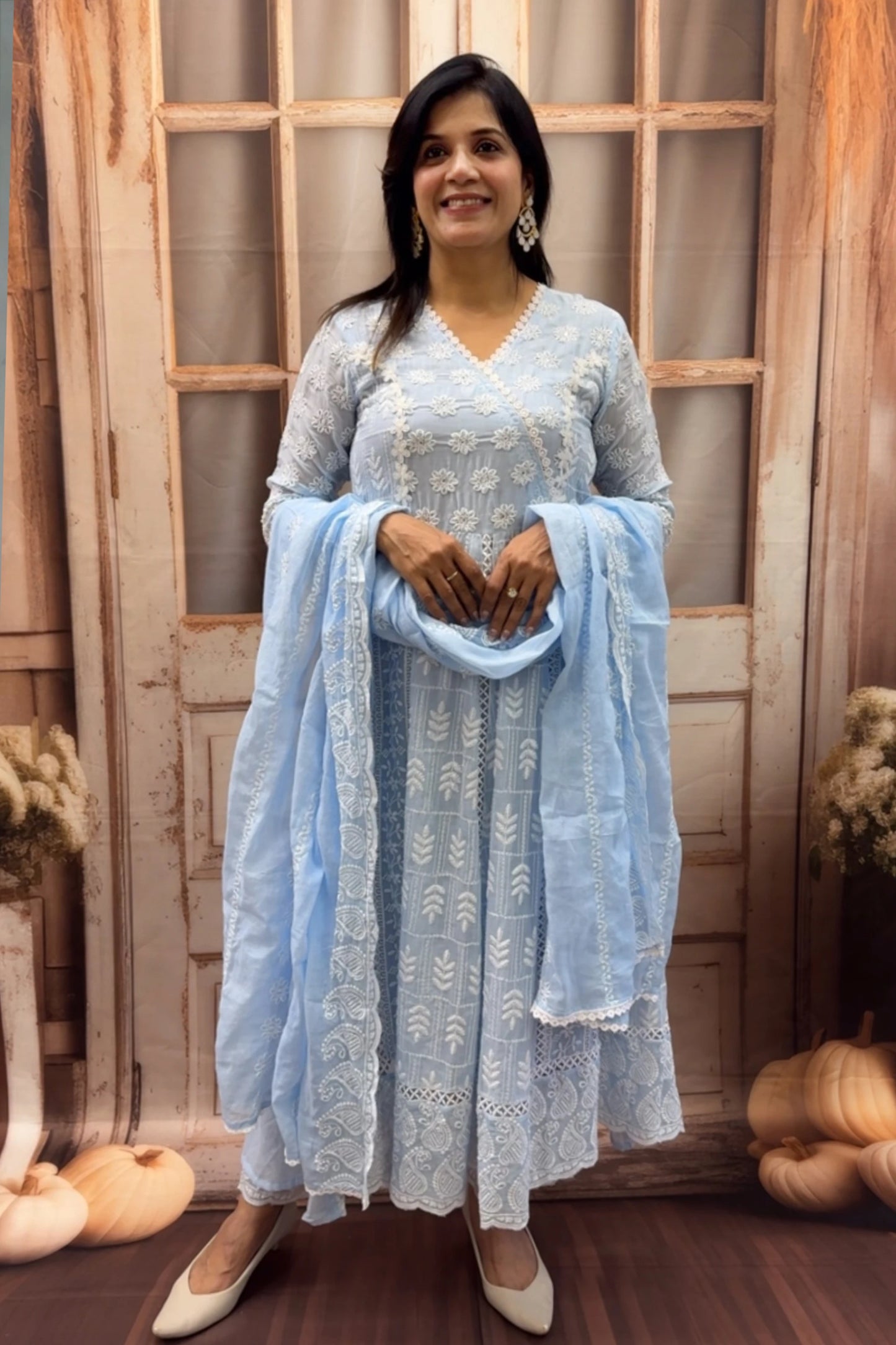 Powder Blue Lakhnavi Anarkali Kurti Dupatta Set | Intricate Lakhnavi Work