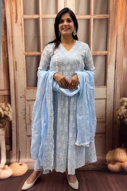 Powder Blue Lakhnavi Anarkali Kurti Dupatta Set | Intricate Lakhnavi Work