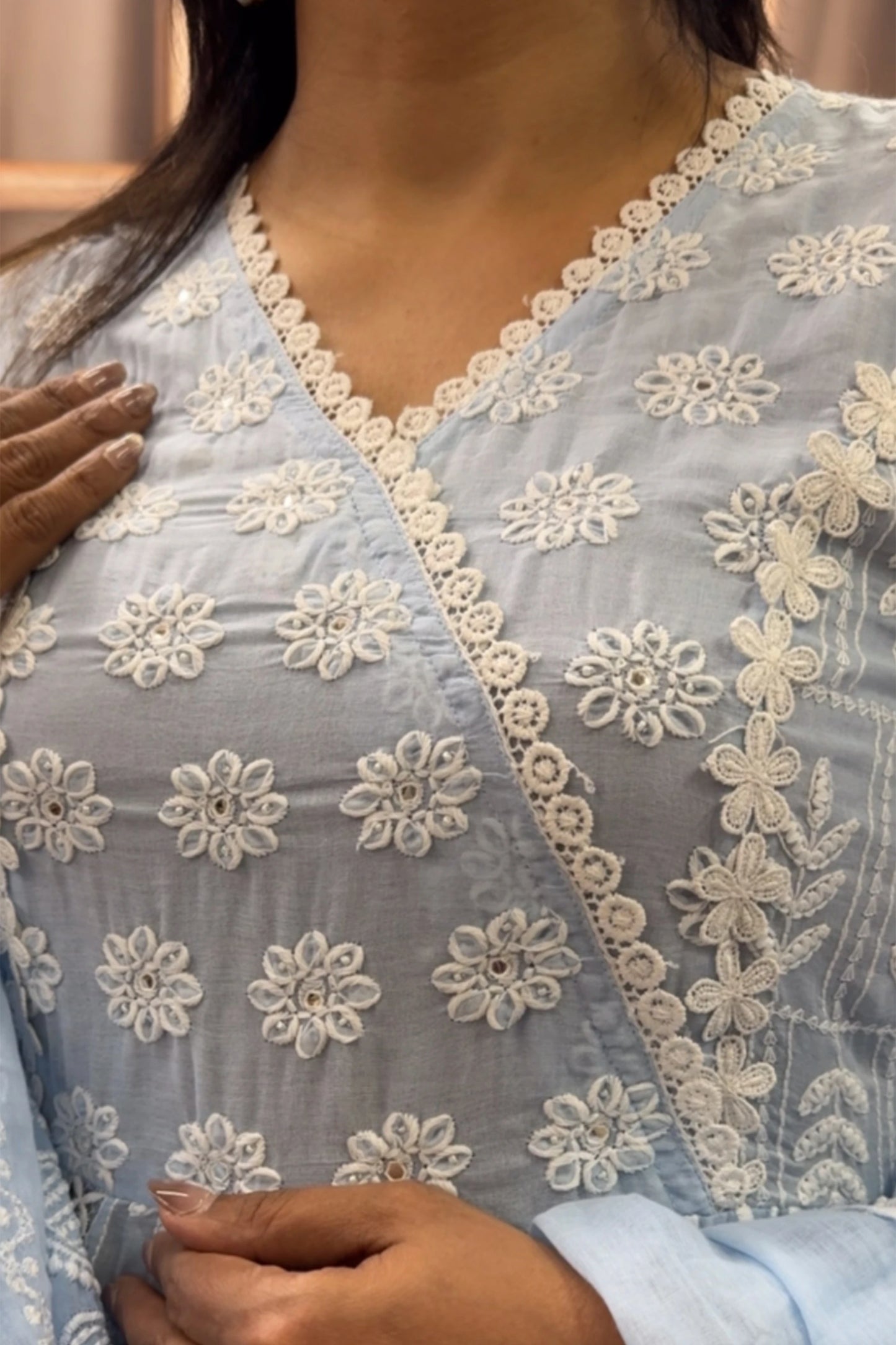 Powder Blue Lakhnavi Anarkali Kurti Dupatta Set | Intricate Lakhnavi Work