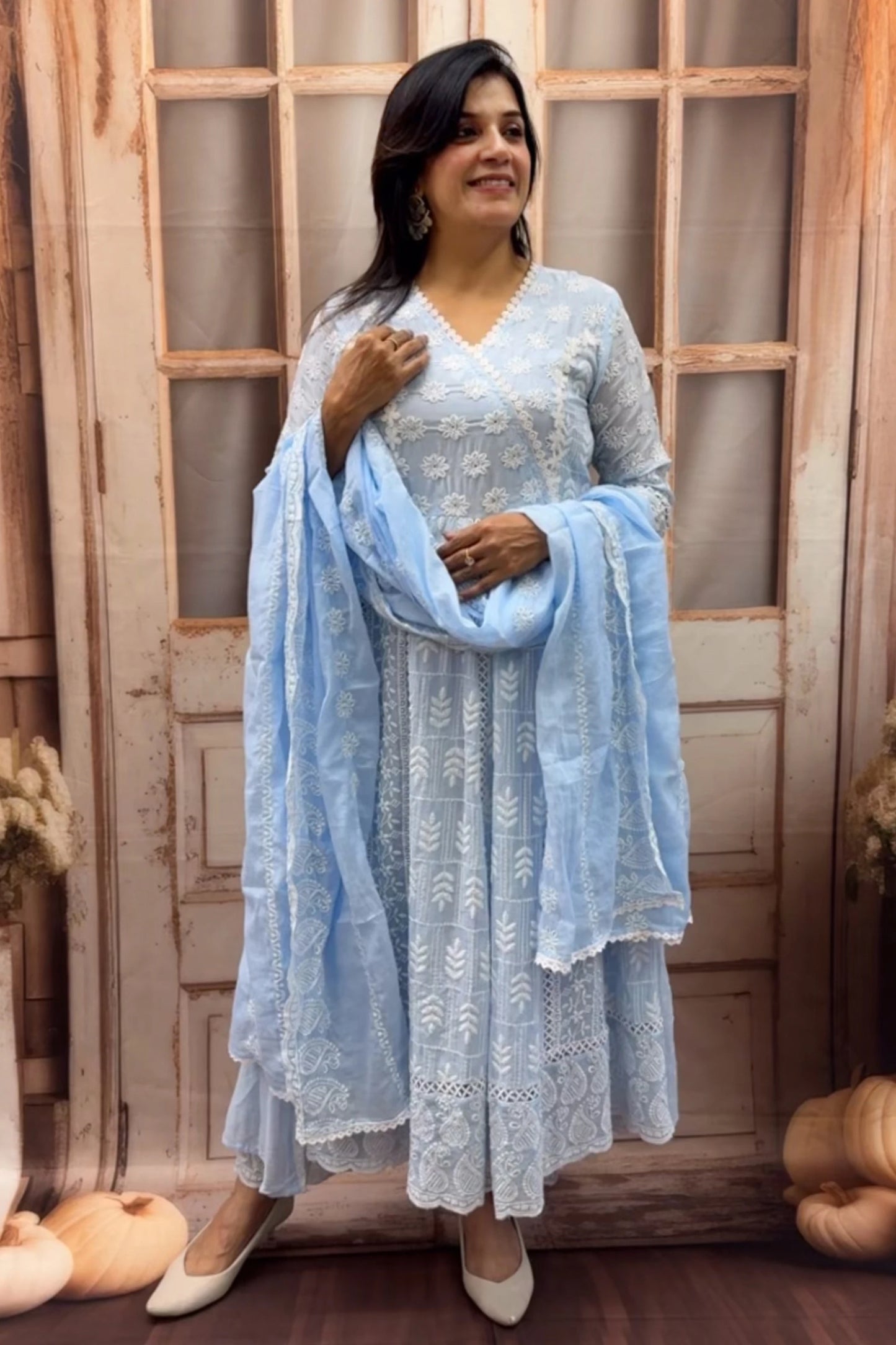 Powder Blue Lakhnavi Anarkali Kurti Dupatta Set | Intricate Lakhnavi Work