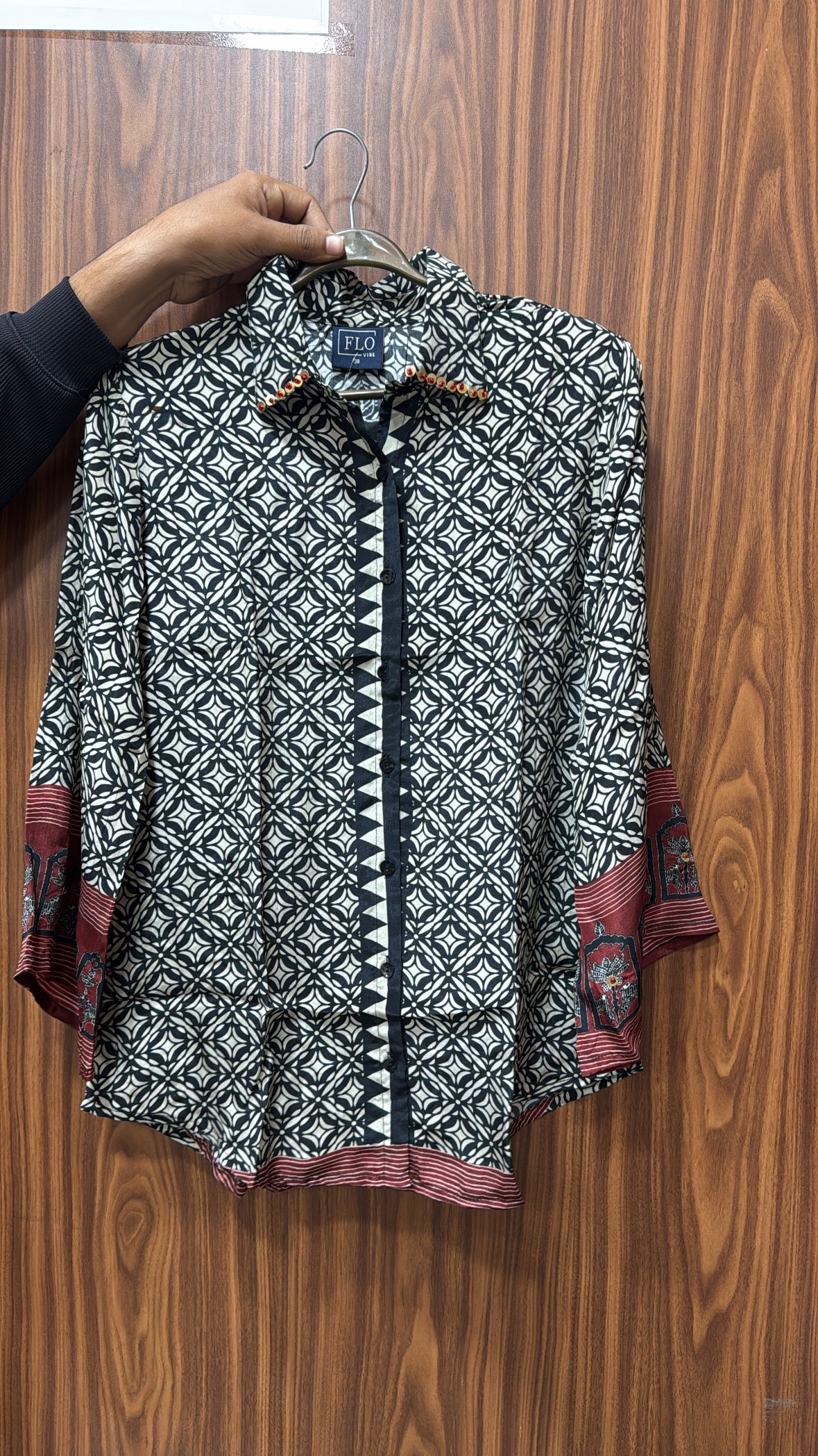 Black Collared Tunic Shirt | Embroidered Pure Crepe Designer Wear